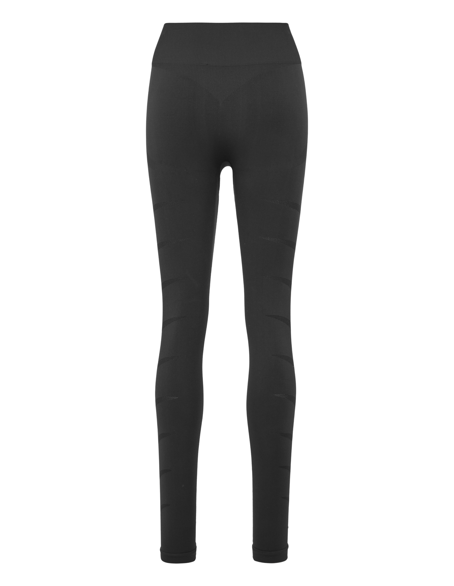 Schwarze Leggings aus elastischem Stoff, lang geschnitten mit hohem Bund und Ziernähten entlang der Beine, von hinten fotografiert.