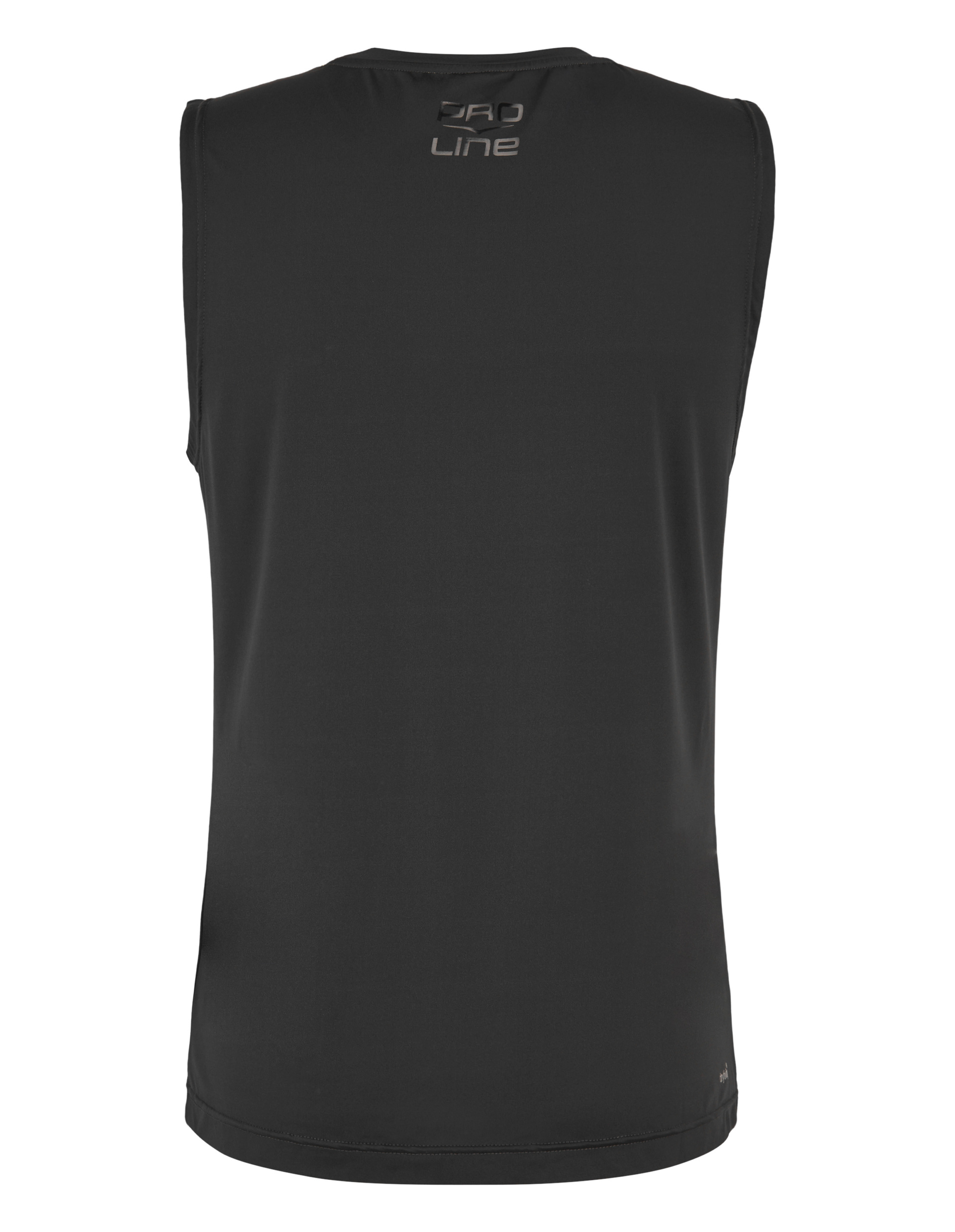 Ärmelloses, schwarzes Sportshirt aus glattem Stoff mit Aufschrift "Pro Line" auf dem oberen Rücken, schlichte und moderne Optik.
