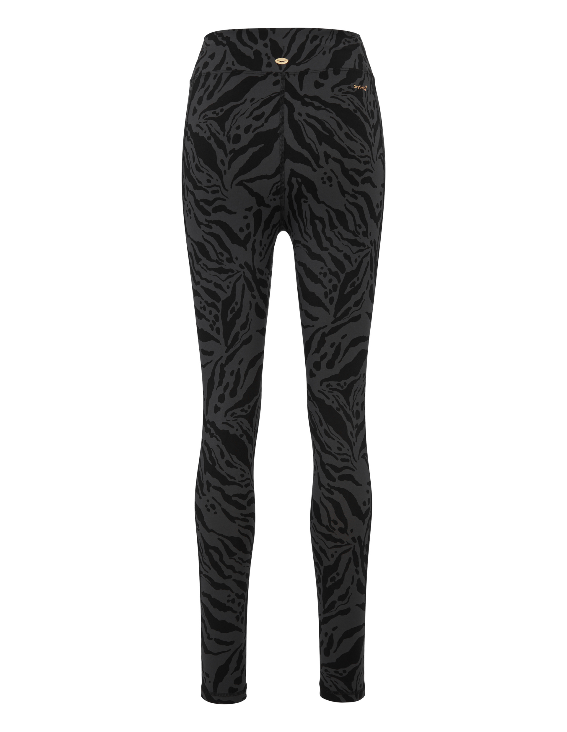 Schwarze Leggings mit zebramusterartigem Design, hoher Taille und dezentem Goldlogo, ideal für stilvolle sportliche Aktivitäten.