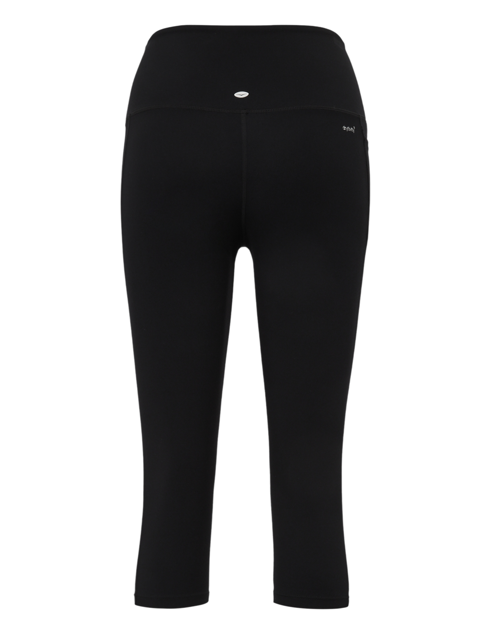 Schwarze, knielange Leggings mit hohem Bund, nahtloser Rückseite und kleinem weißen Logo hinten, aus elastischem Material.