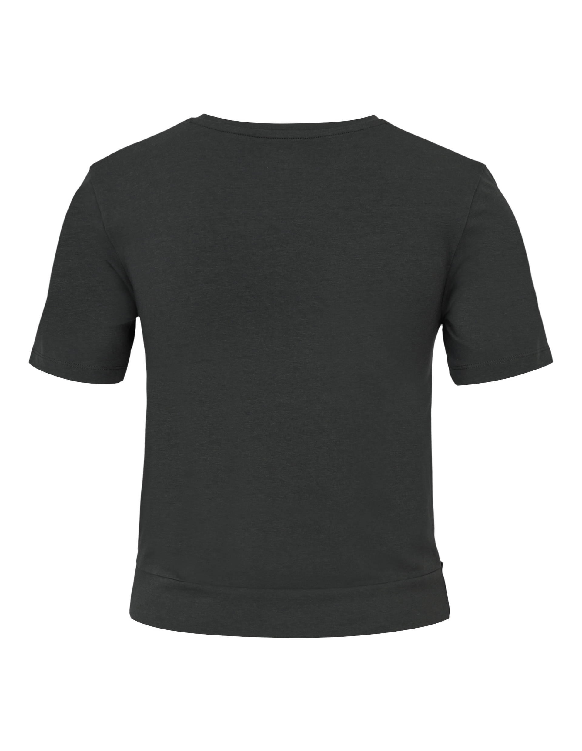 Schwarzes T-Shirt mit kurzen Ärmeln und Rundhalsausschnitt, Rückansicht, schlichtes Design.