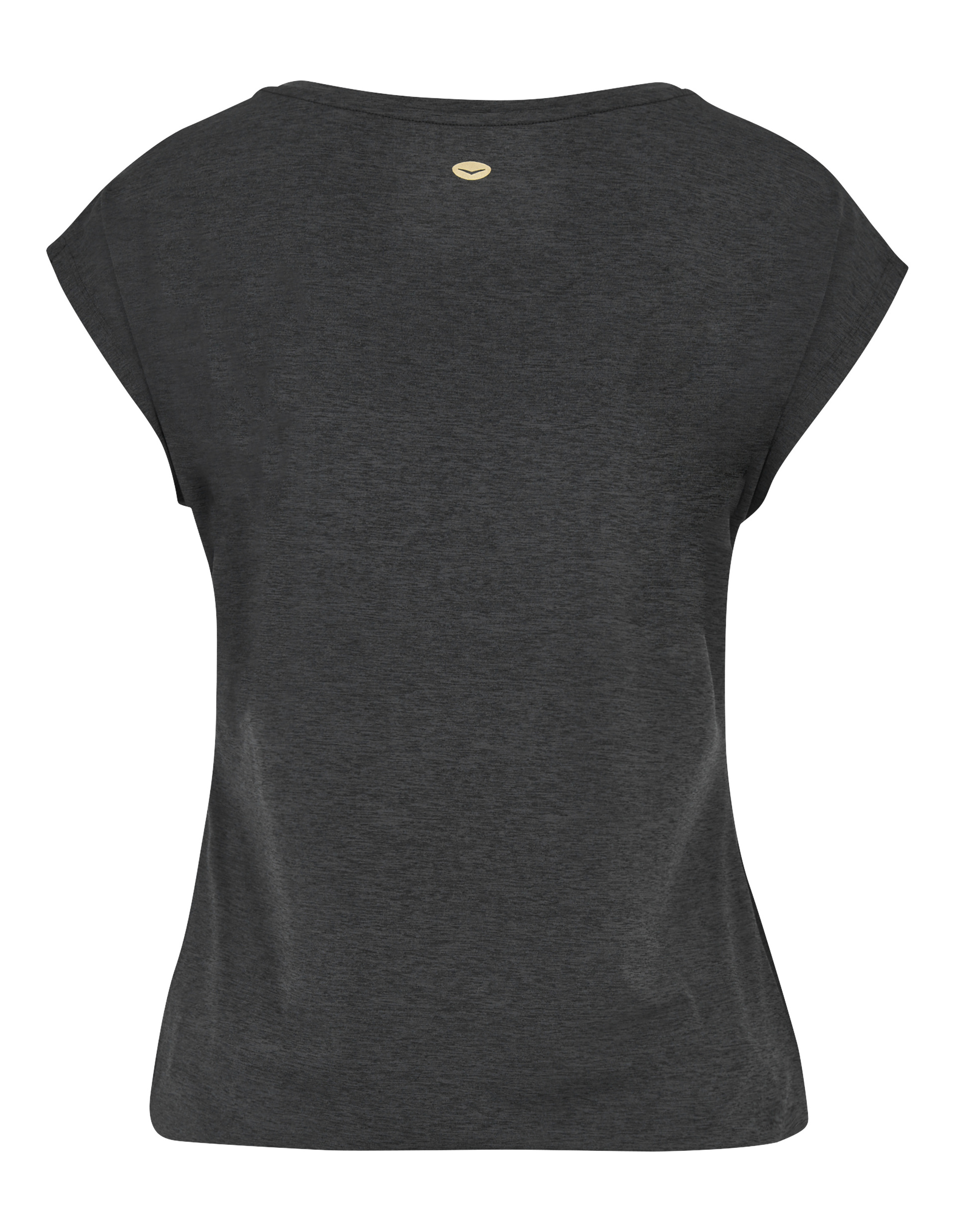 Dunkelgraues T-Shirt von hinten mit einem kleinen, goldfarbenen Logo im Nackenbereich und kurzen Ärmeln.
