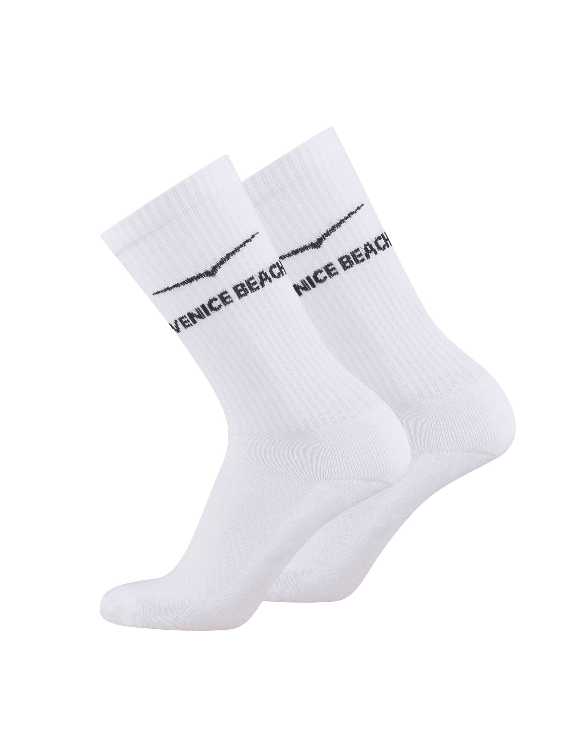 Ein Paar weiße, knöchelhohe Socken mit schwarzem "Venice Beach"-Schriftzug und symbolischer Linie über dem Schriftzug.