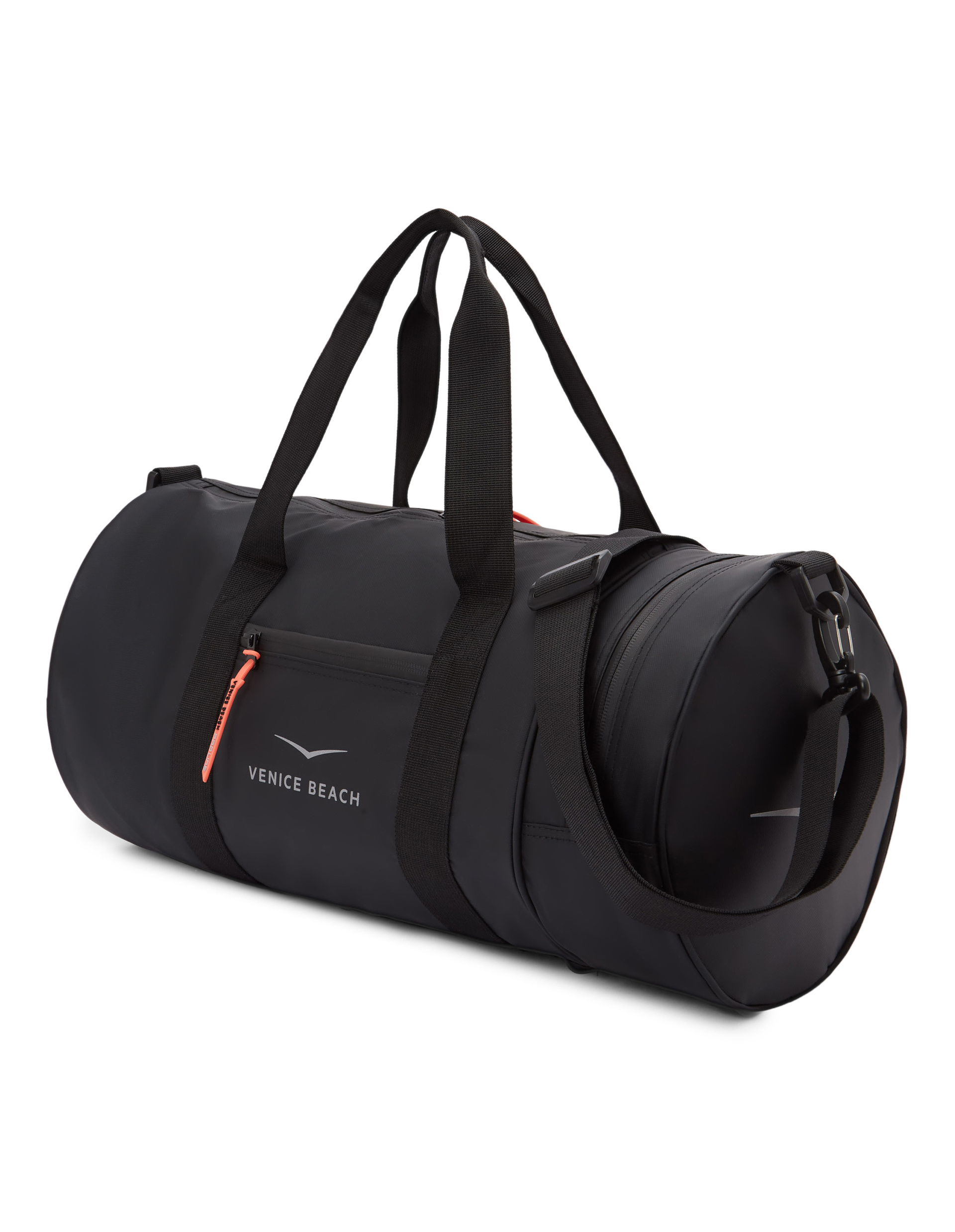 Schwarze Sporttasche mit VENICE BEACH-Logo, langen Trageriemen und einem Reißverschlussfach mit orangem Zipper auf der Seite.