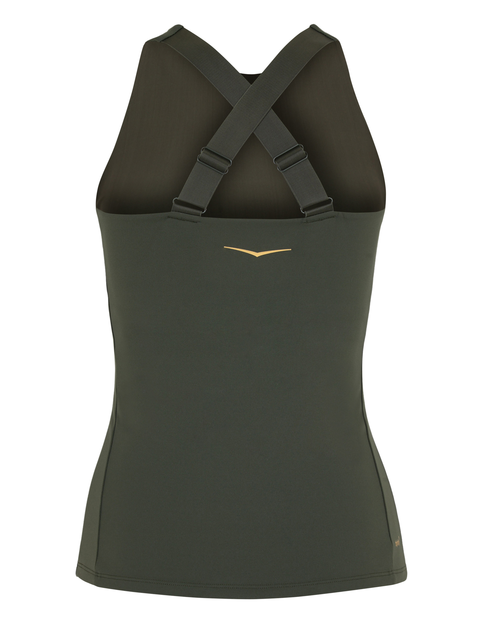 Dunkelgrünes Sportoberteil mit überkreuzten Trägern am Rücken und einem kleinen, goldenen Logo unterhalb der Träger.