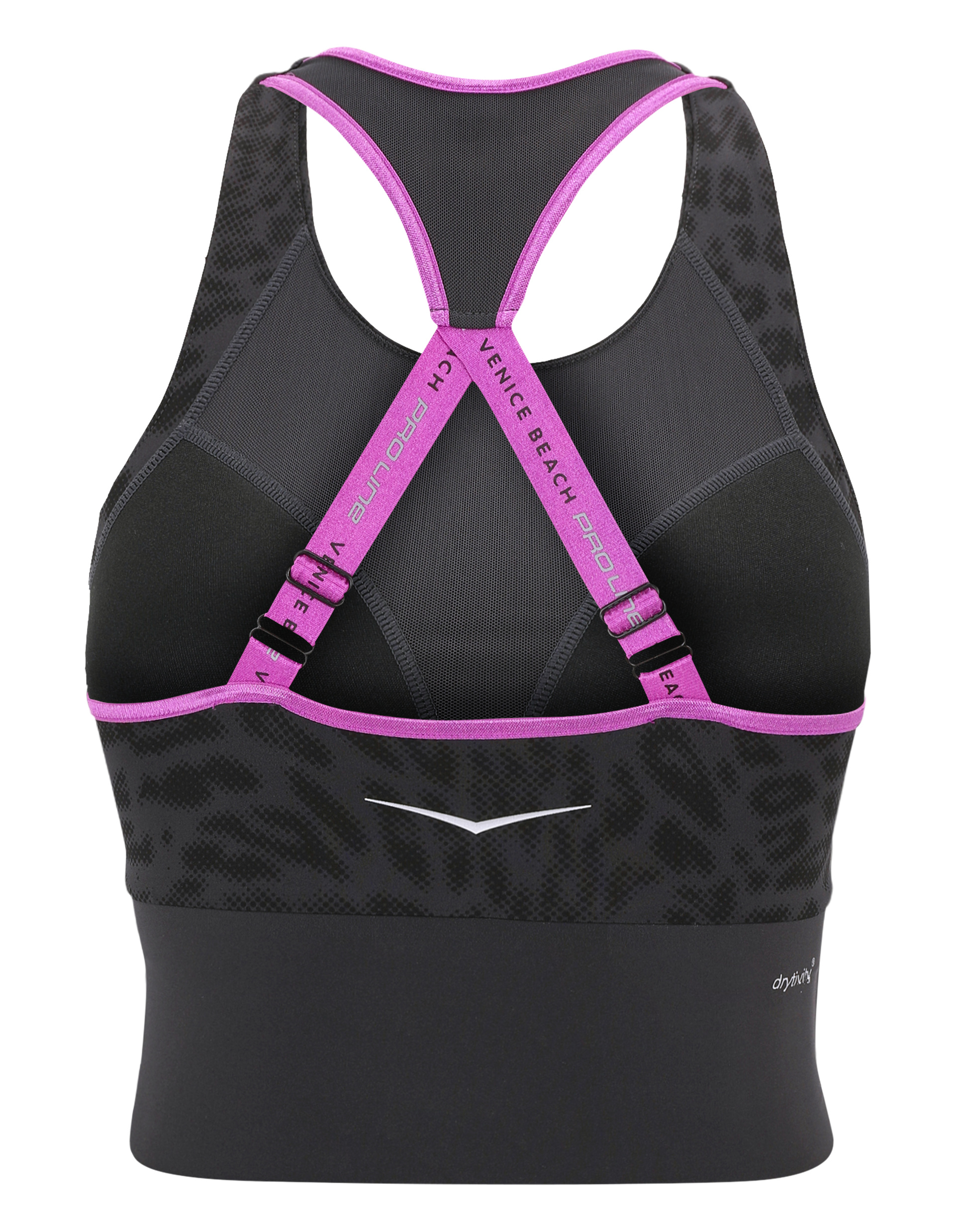 Schwarzer Sport-BH von hinten mit pinken Trägern, Leopardenmuster-Einsätzen und reflektierendem Logo auf elastischem Material.