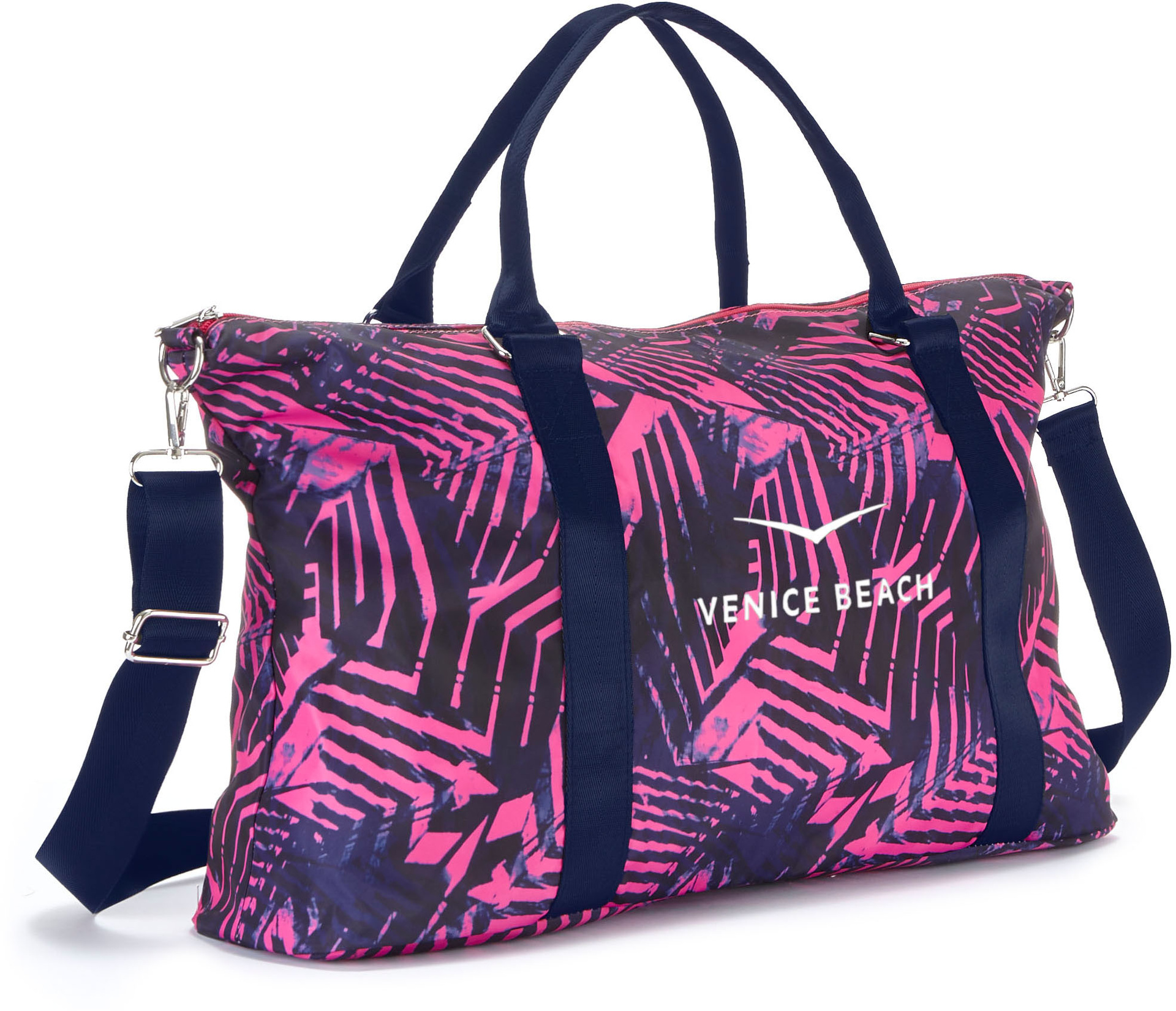 Sporttasche mit pink-blauem Zickzackmuster, Venice Beach-Logo, zwei dunkelblauen Griffen und abnehmbarem Schultergurt.