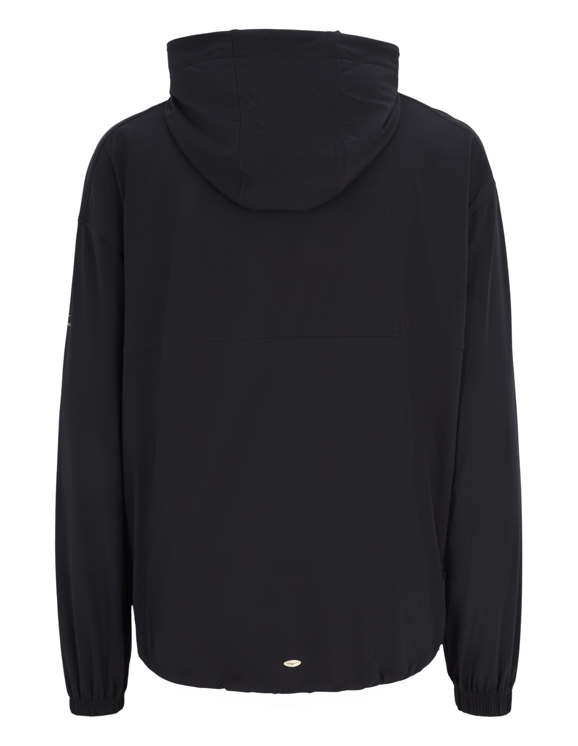 Schwarze Jacke mit Kapuze, langen Ärmeln und elastischen Bündchen, aus glattem Material, Rückansicht ohne sichtbare Details.