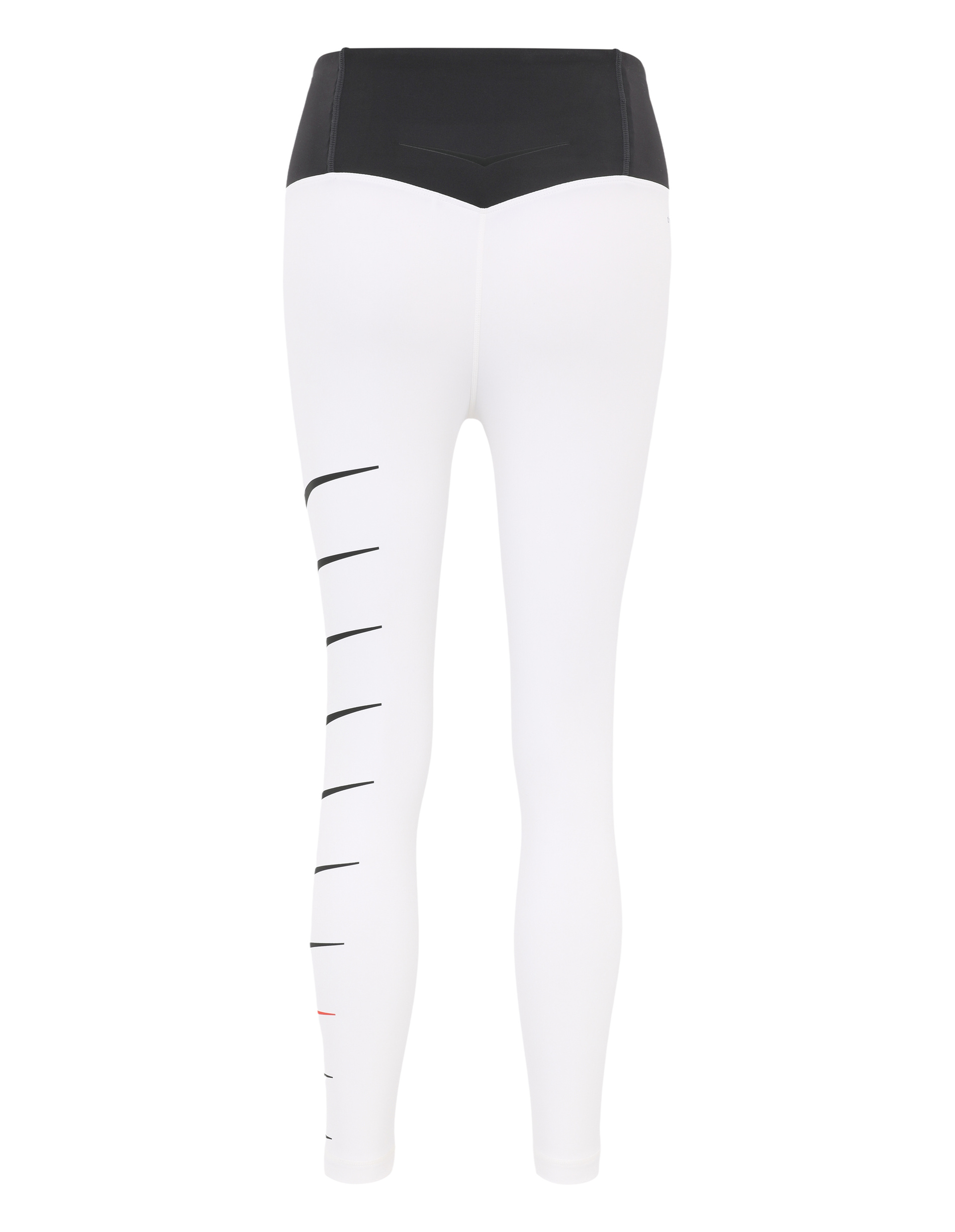 Weiße Leggings mit schwarzem Taillenbund und dynamischen Streifen auf dem linken Bein, modernes Design für einen sportlichen Look.