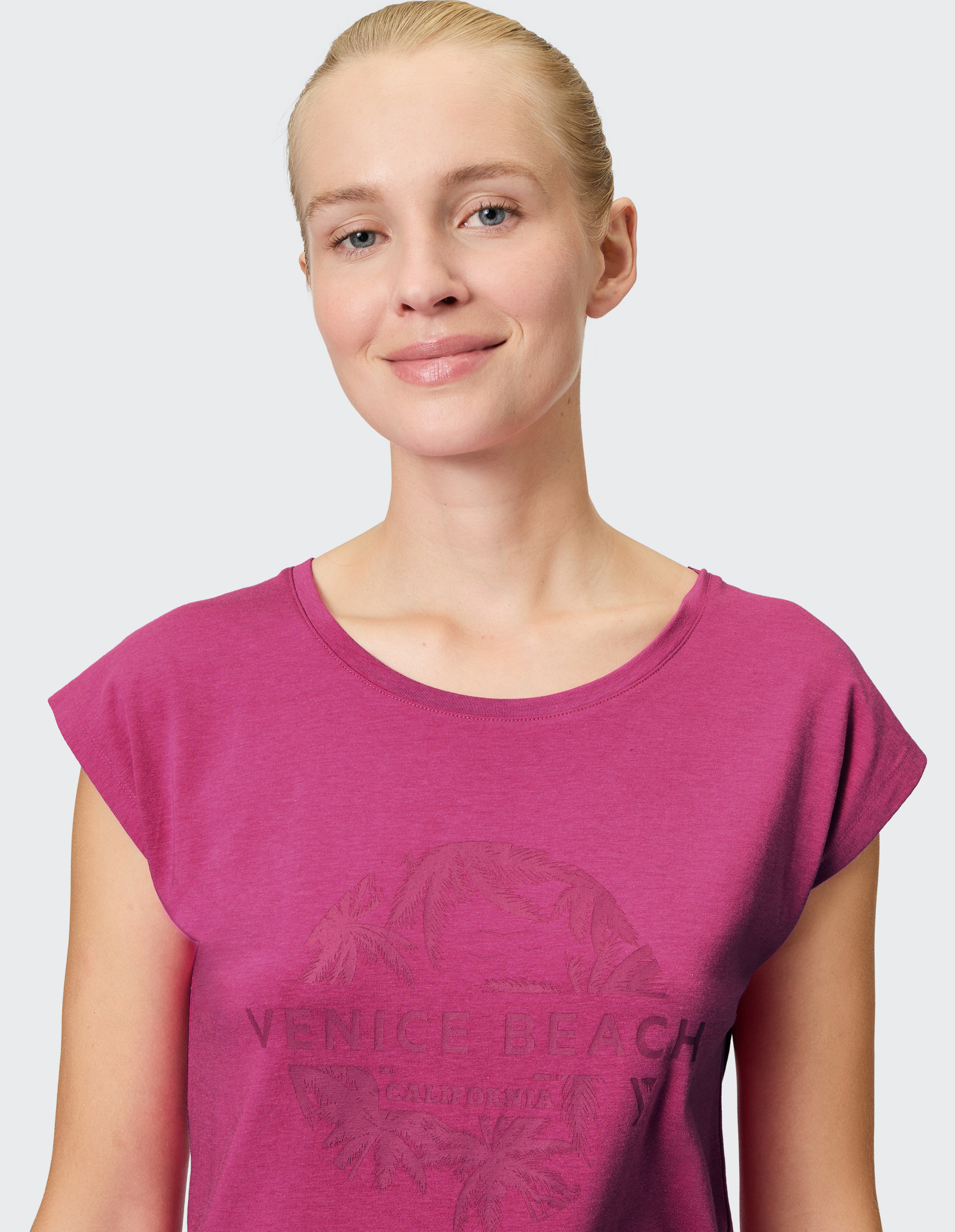 Pinkes T-Shirt mit kurzen Ärmeln, Aufdruck "Venice Beach" und Palmenmotiv, lässig geschnitten, ideal für den Sommer.