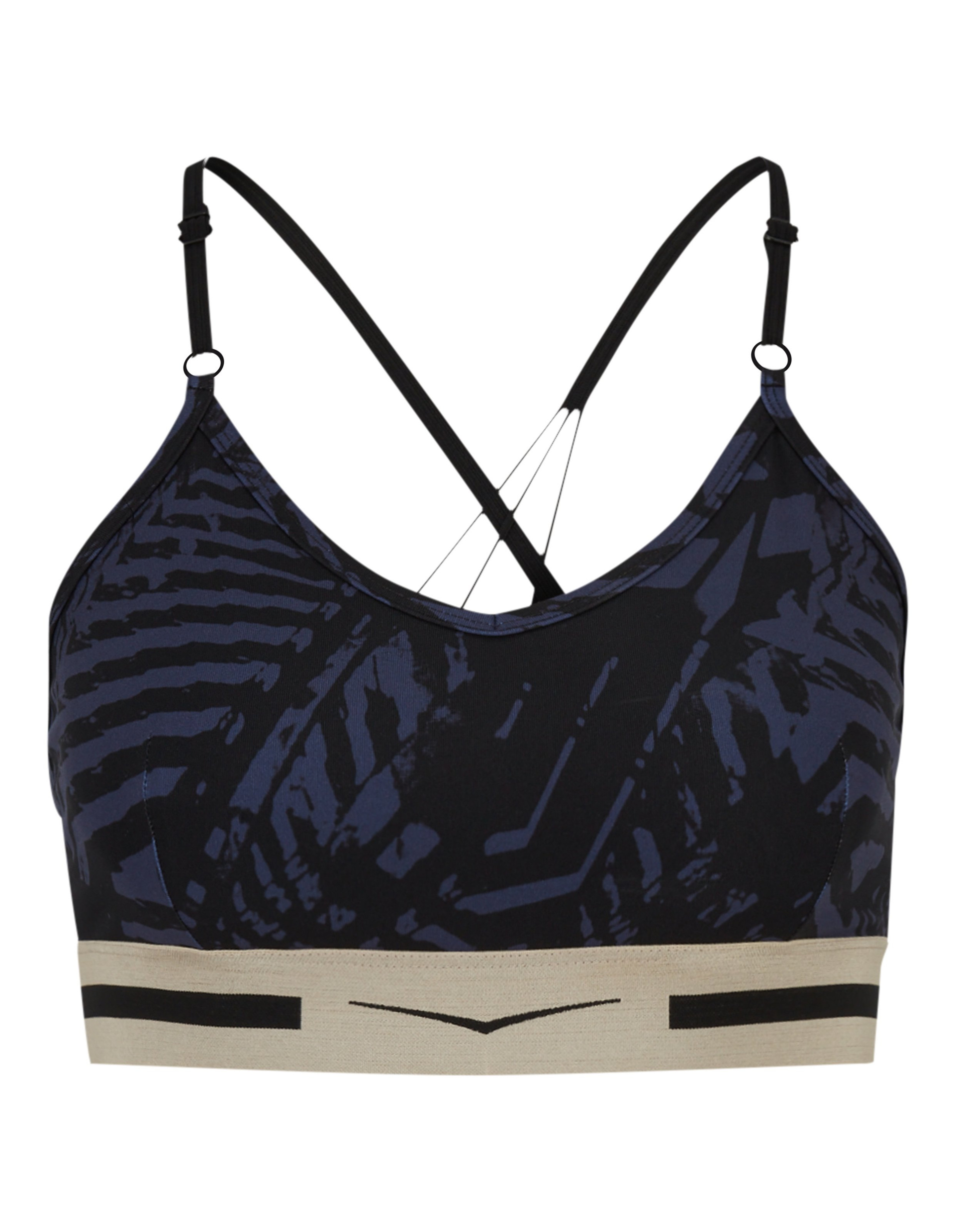 Schwarzer Sport-BH mit blauem Muster, gekreuzten Trägern und einem hellen Band mit schwarzem Streifen.