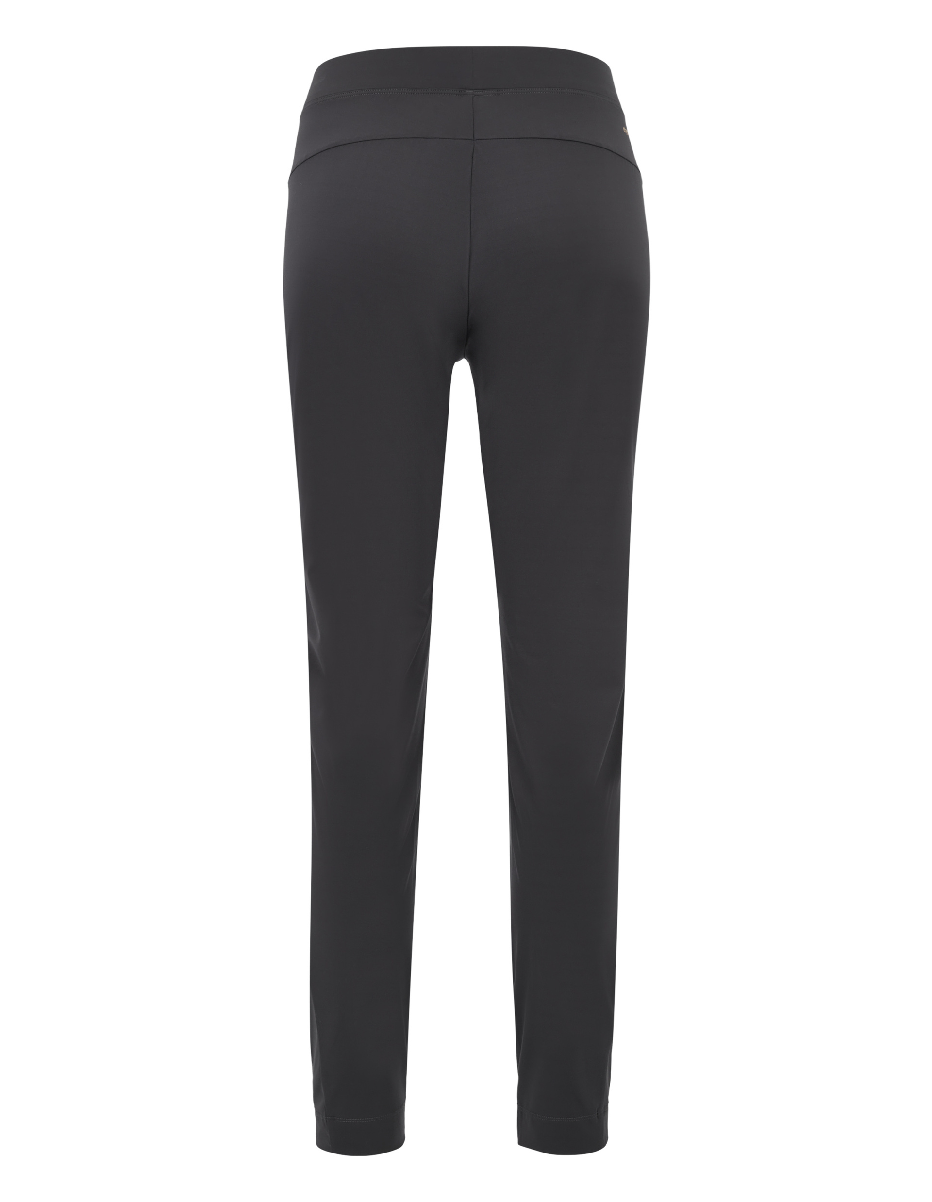 Schwarze Hose in voller Länge, schlanker Schnitt, mit hohem Bund, zeigt die Rückansicht, ohne sichtbare Taschen oder Muster.