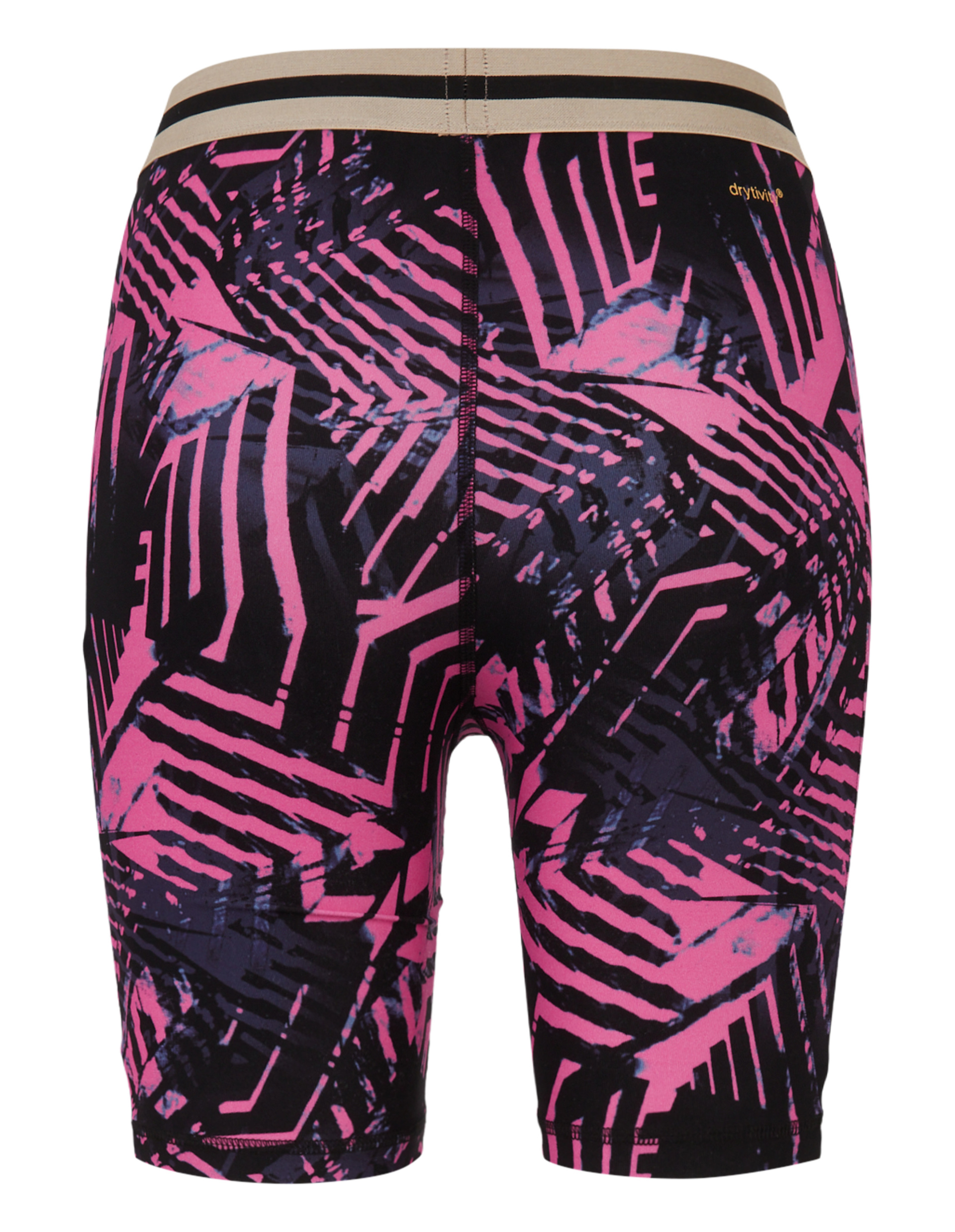 Kurze Boxer mit pink-schwarzem geometrischem Muster und beigem Bund mit schwarzen Streifen, auf dem "drytwist" steht.