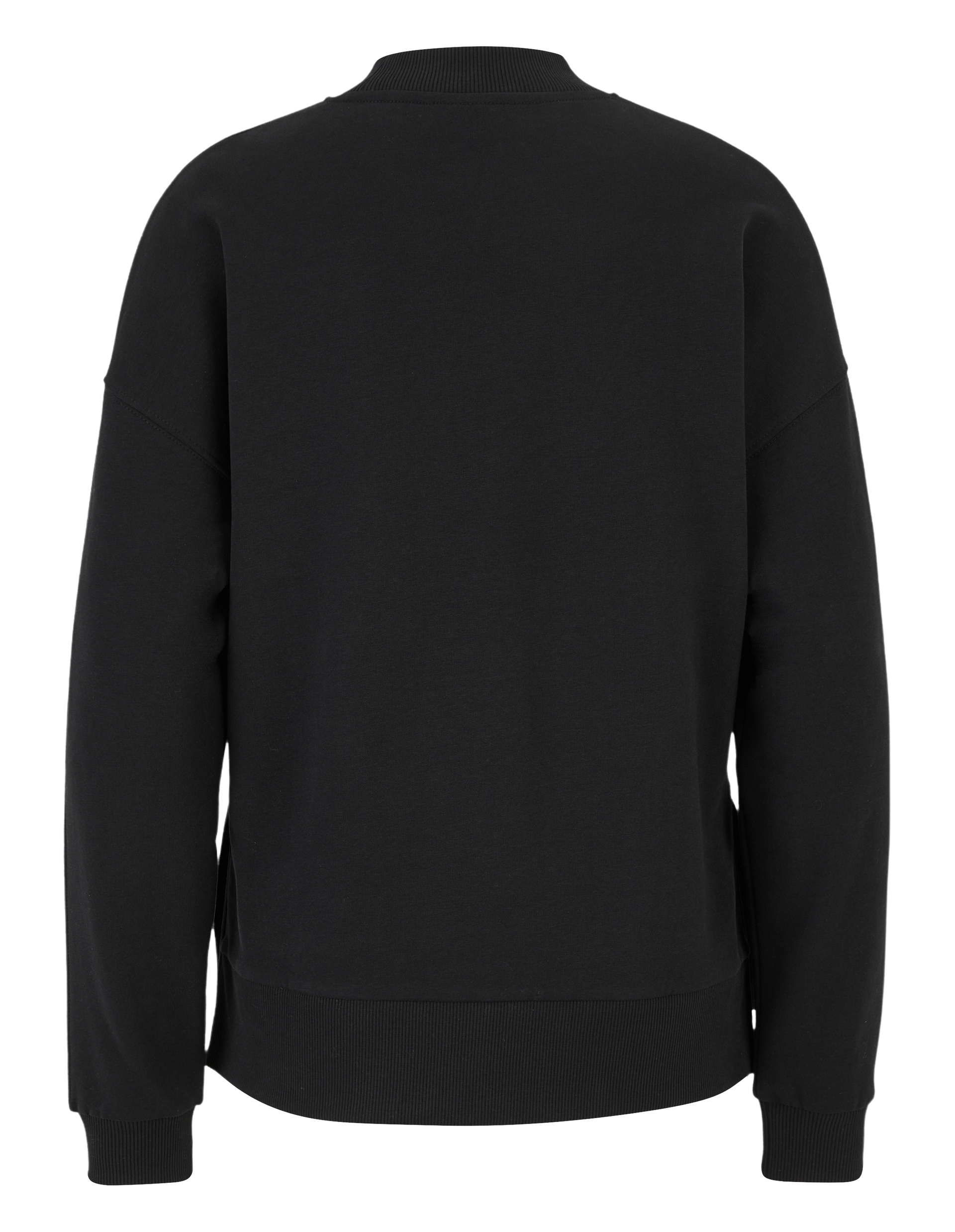 Schwarzer, langärmeliger Pullover in Rückenansicht mit gerippten Bündchen und Kragen aus weichem Material, schlichtes Design.