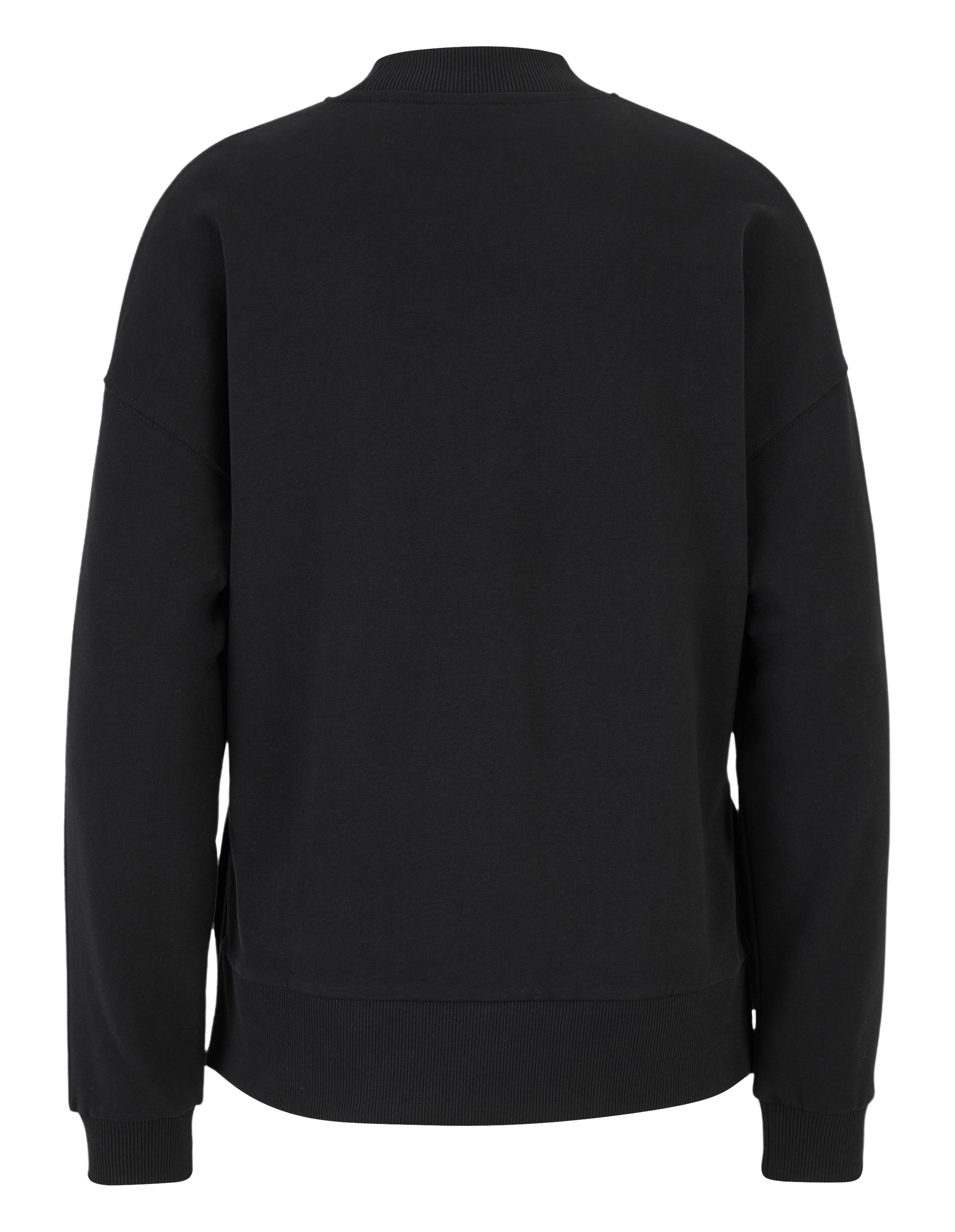 Schwarzer, langärmeliger Pullover in Rückenansicht mit gerippten Bündchen und Kragen aus weichem Material, schlichtes Design.