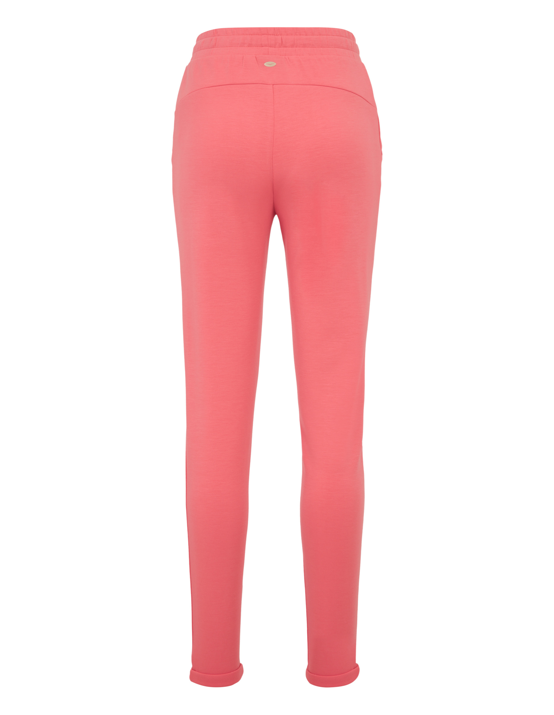 Rosa Jogginghose in voller Länge mit elastischem Bund und schmalem Schnitt, hinten eine kleine, dezente Tasche unter dem Bund.