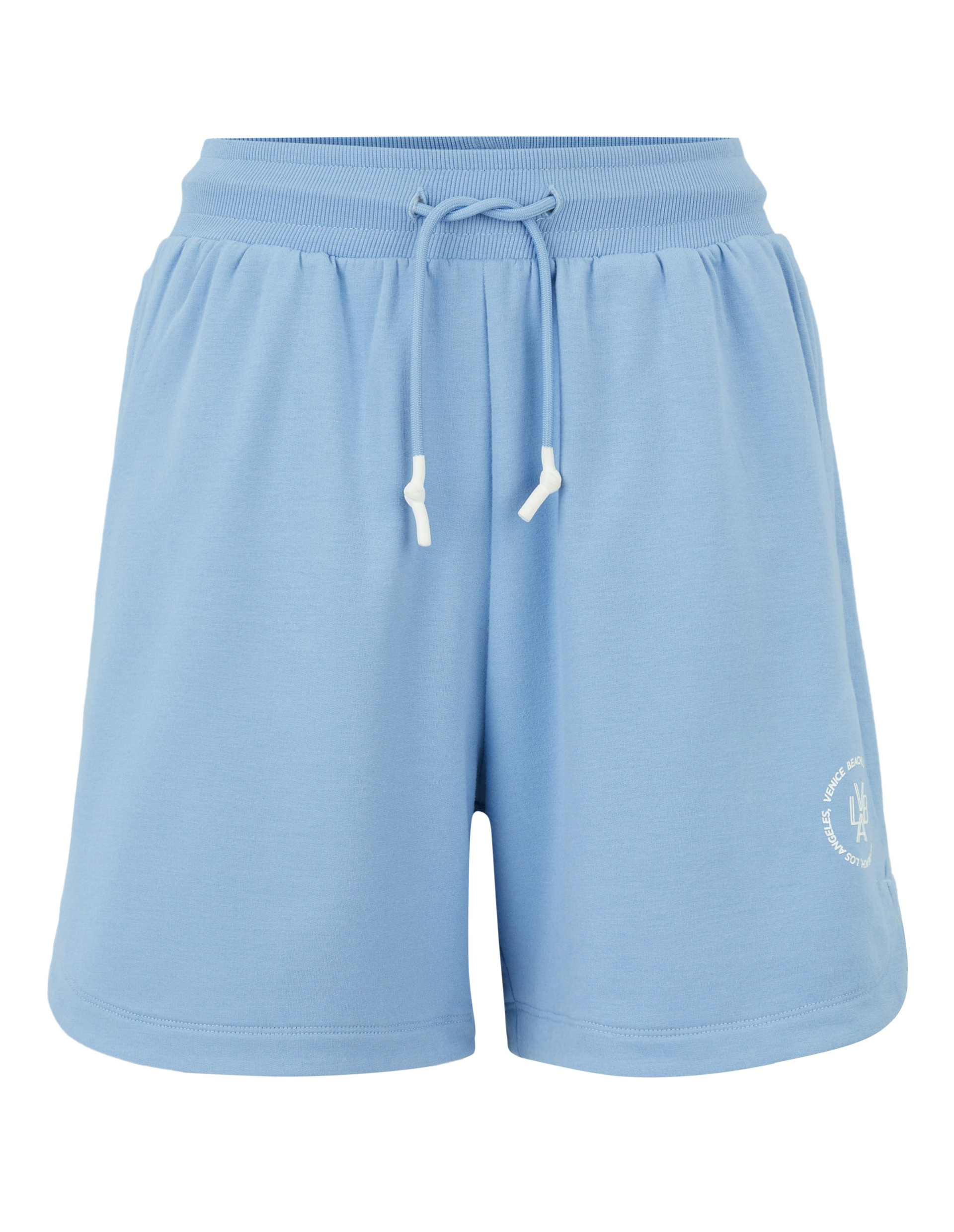 Hellblaue Shorts mit elastischem Bund und Kordelzug, dezentes Logo unten rechts, bequemer, sportlicher Stil für den Alltag.