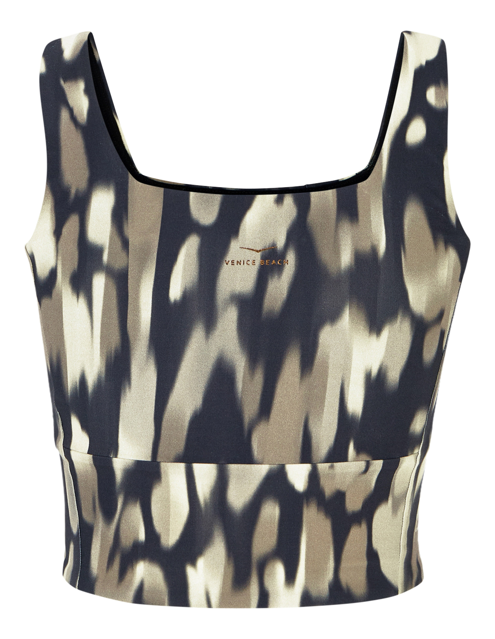 Ärmelloses Oberteil mit eckigem Ausschnitt in schwarzem, grauem und beigem Camouflage-Muster und "Venice Beach"-Schriftzug.