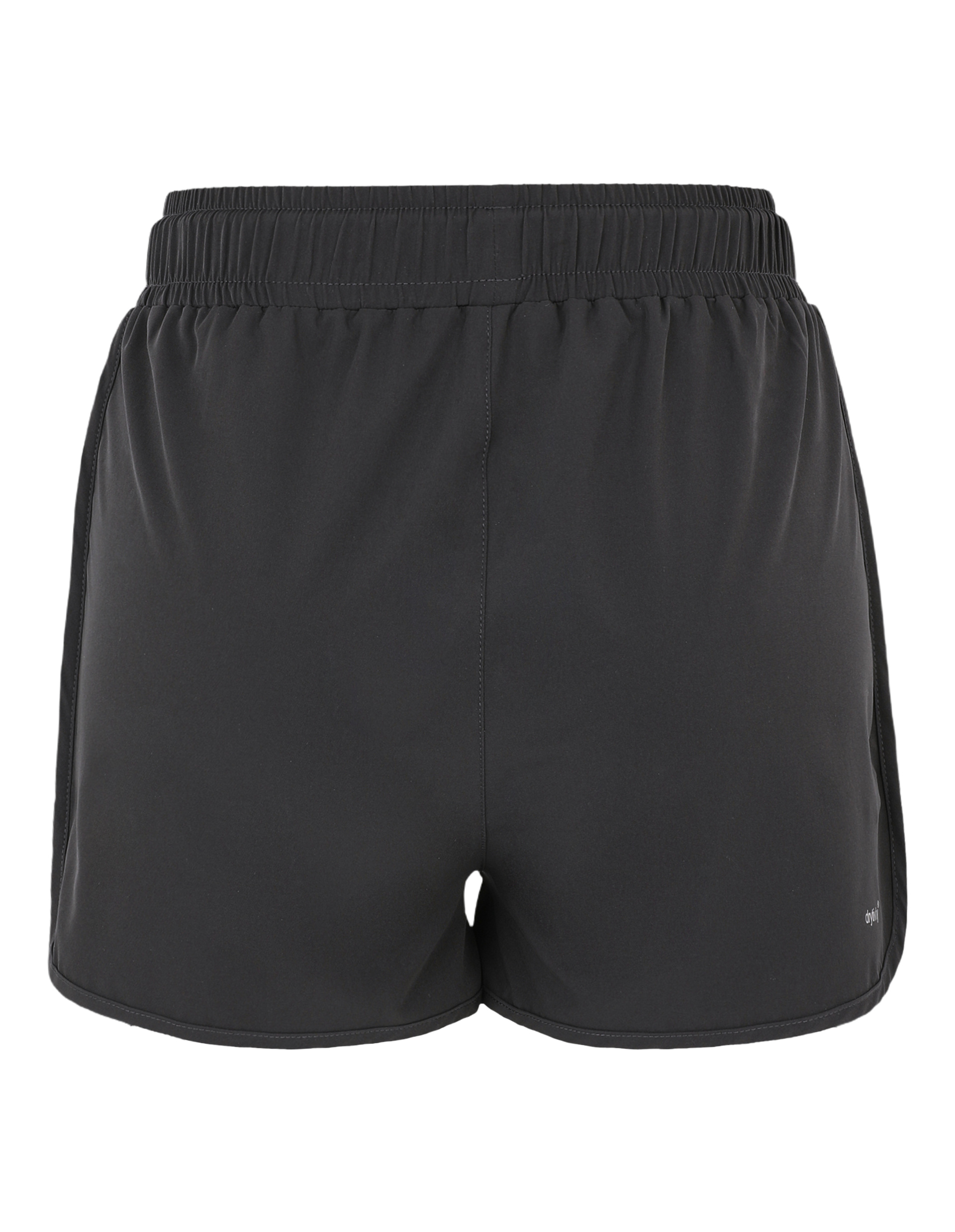 Schwarze Sportshorts aus leichtem, elastischem Stoff mit elastischem Bund, nahtlosen Kanten und dezentem Logo unten rechts.