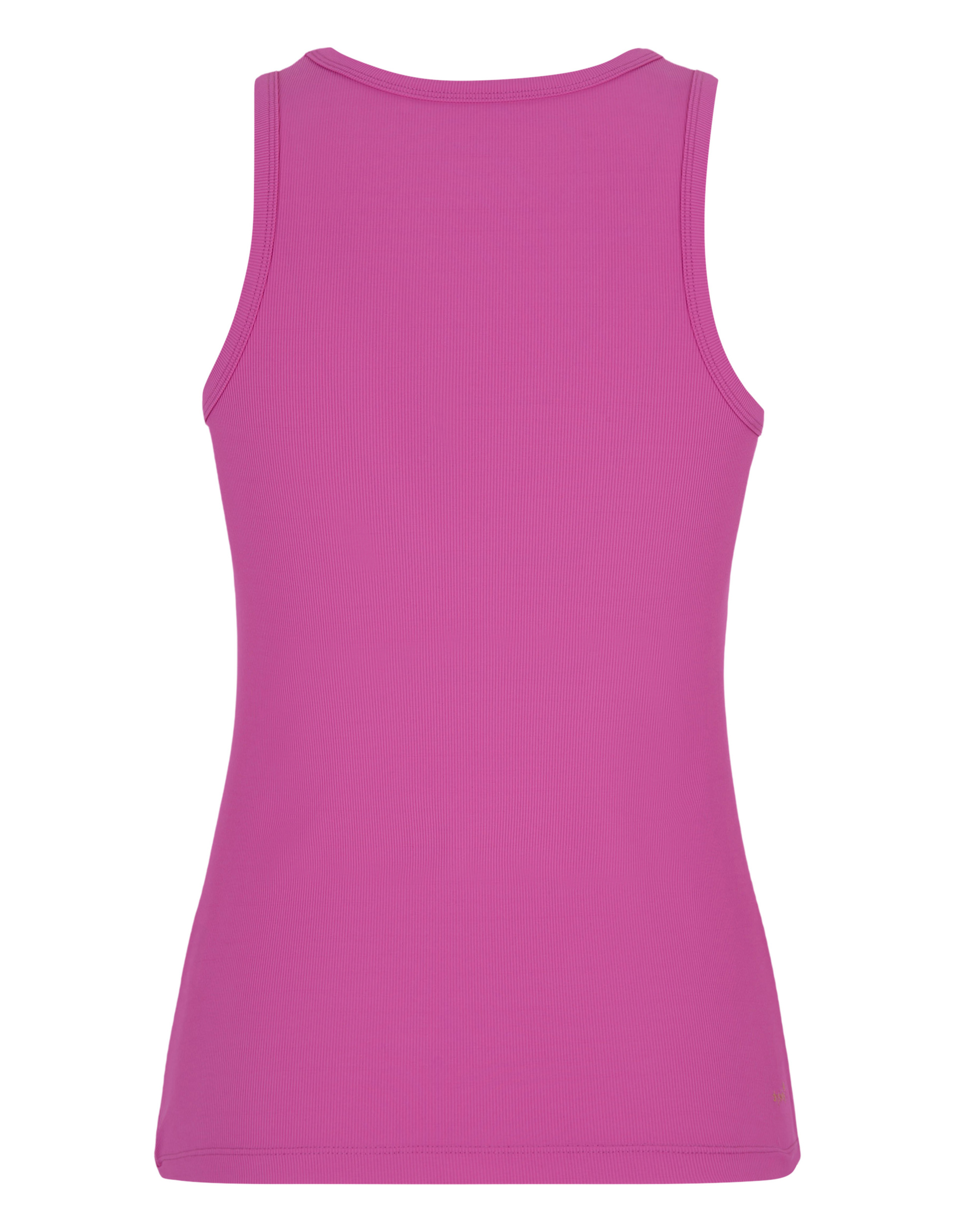 Pinkes, ärmelloses Shirt aus leichtem, geripptem Stoff mit Rundhalsausschnitt, schlichtes Design, Rückansicht.