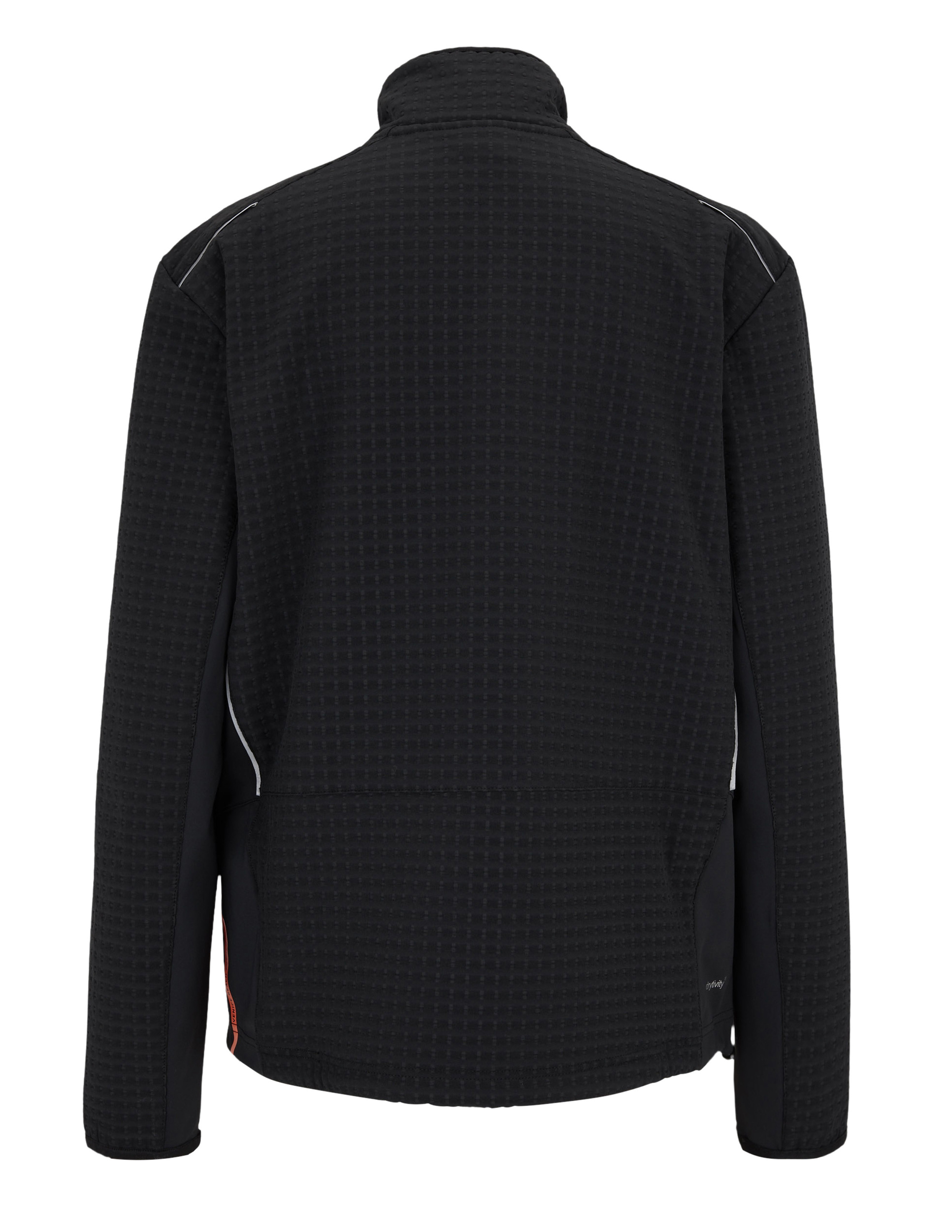 Schwarzer Langarm-Pullover mit strukturierter Oberfläche, Stehkragen und kurzem Reißverschluss; sportlich und funktional designt.