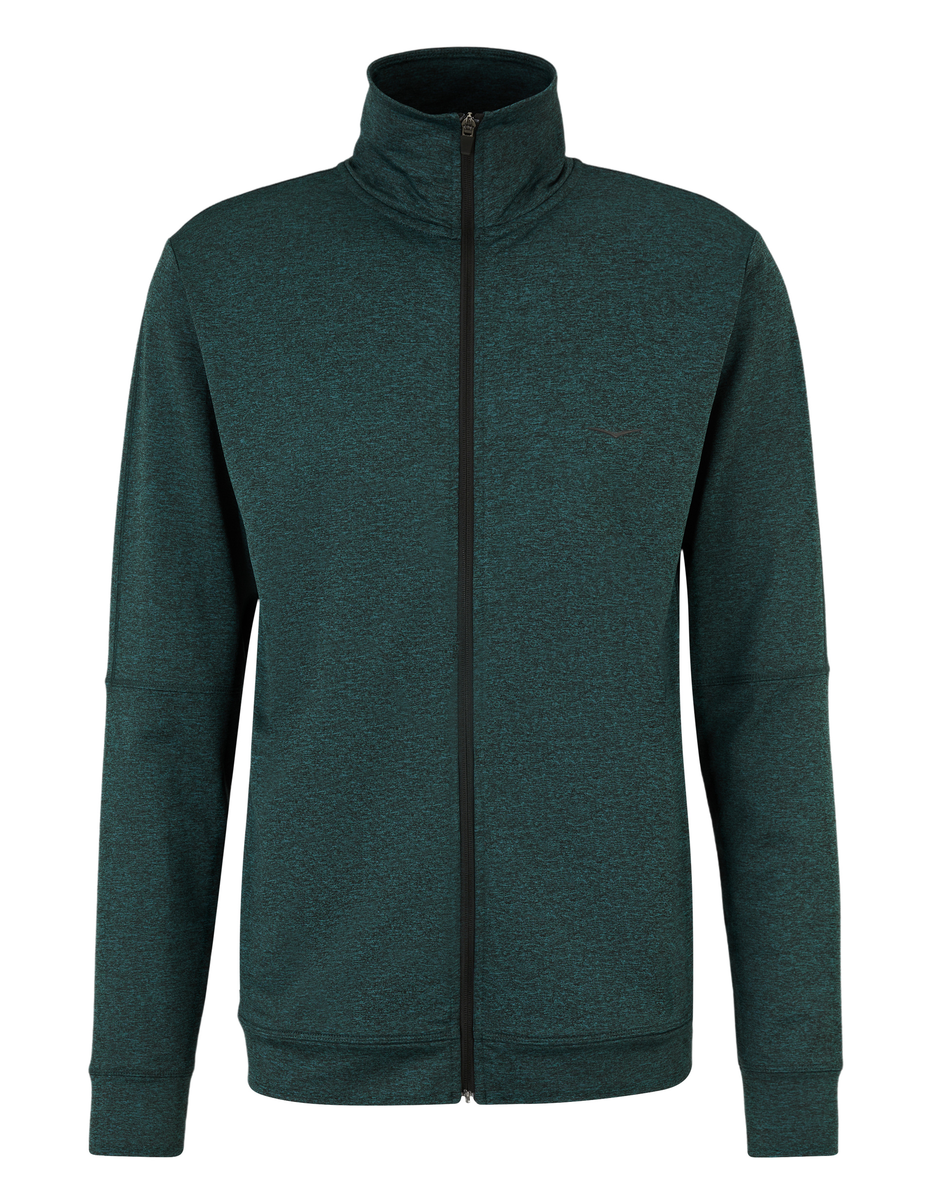 Dunkelgrüne Herrenjacke mit Reißverschluss und hohem Kragen in melierter Optik; schlichtes Design, lange Ärmel, ohne Muster.