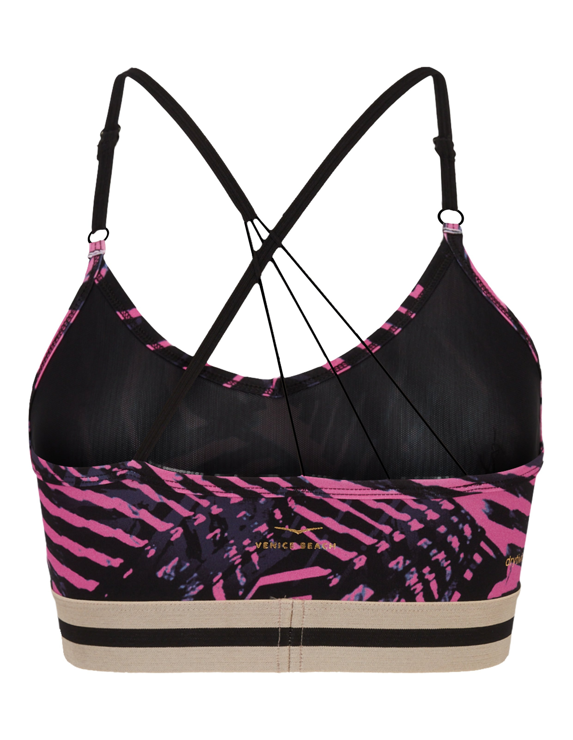 Sport-BH mit pink-schwarzem, abstraktem Muster, dünnen schwarzen Trägern und breitem cremefarbenen Saum mit schwarzen Streifen.