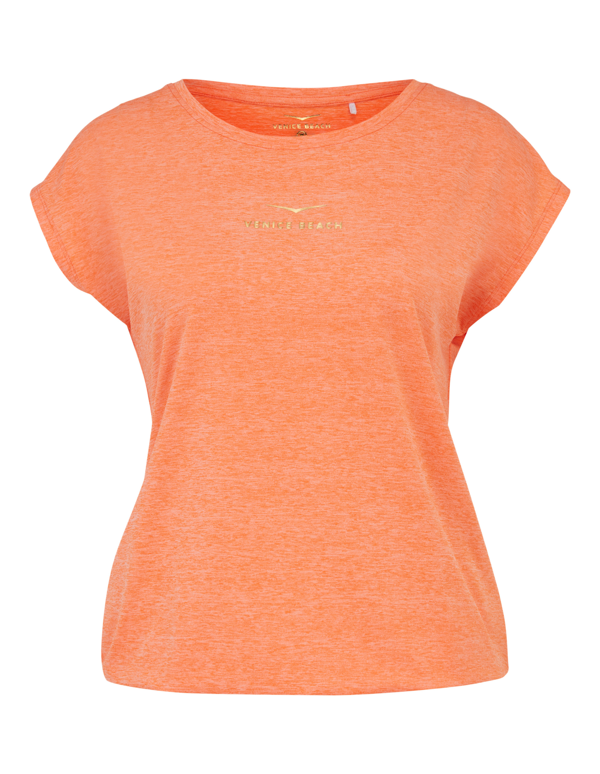 Leuchtend orangefarbenes T-Shirt mit kurzen Ärmeln und rundem Ausschnitt, vorne mit goldenem "VENICE BEACH"-Schriftzug bedruckt.