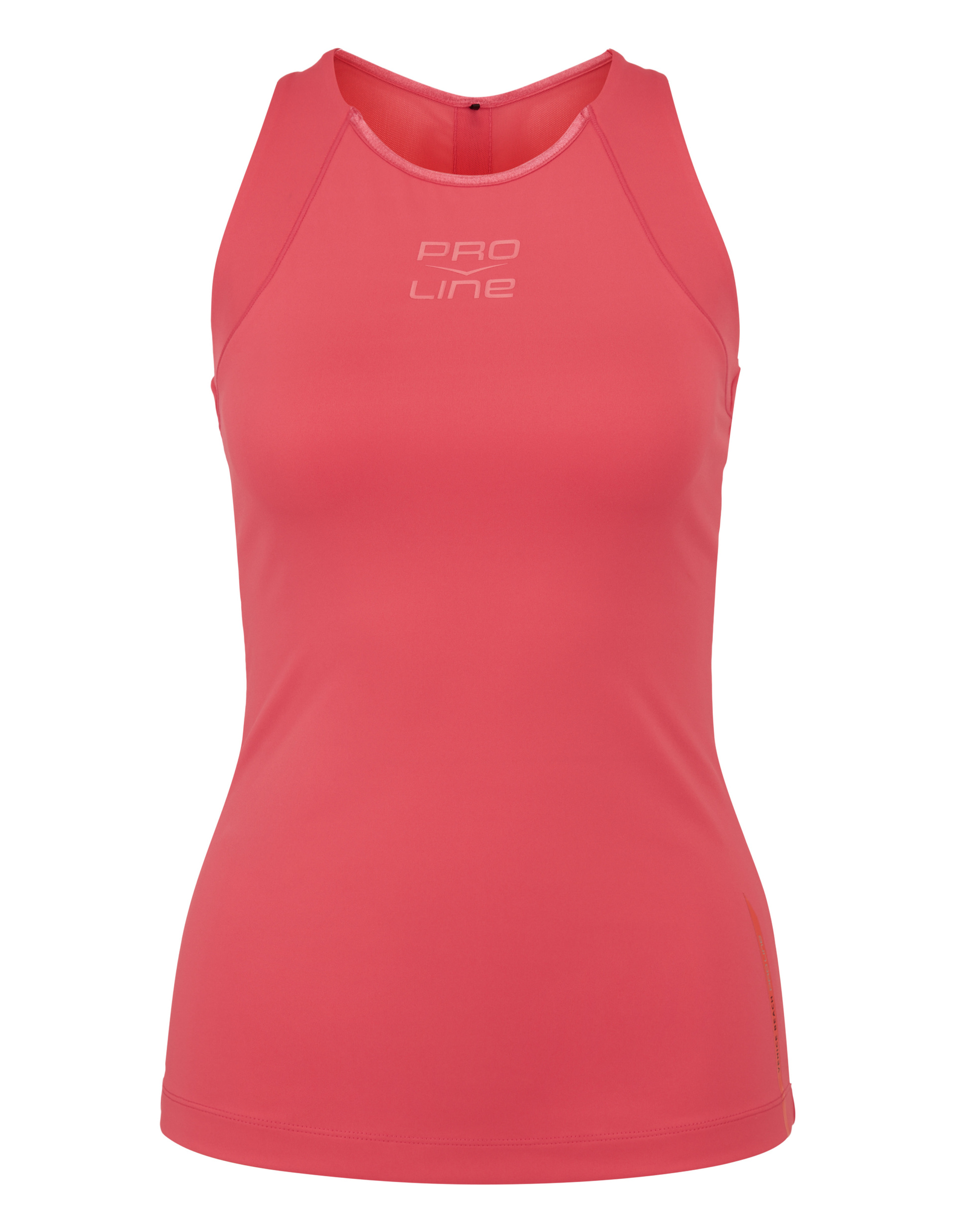 Rosa Sporttop ohne Ärmel mit Rundhalsausschnitt, glatter Oberfläche und dem Aufdruck "Pro Line" auf der Brust.