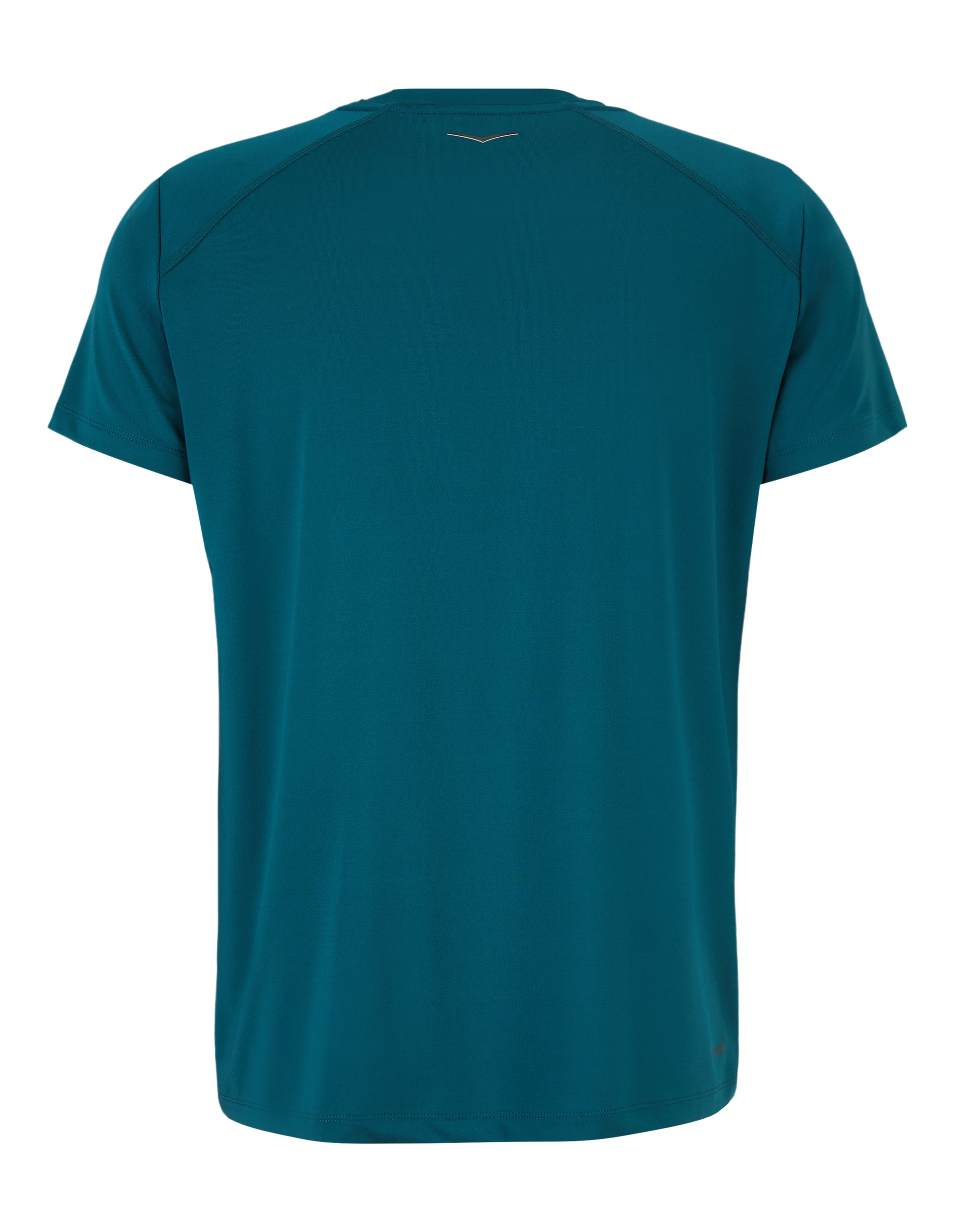 Rückansicht eines einfarbigen, tiefblauen T-Shirts mit kurzen Ärmeln und einem kleinen, dezenten Logo im oberen Rückenbereich.