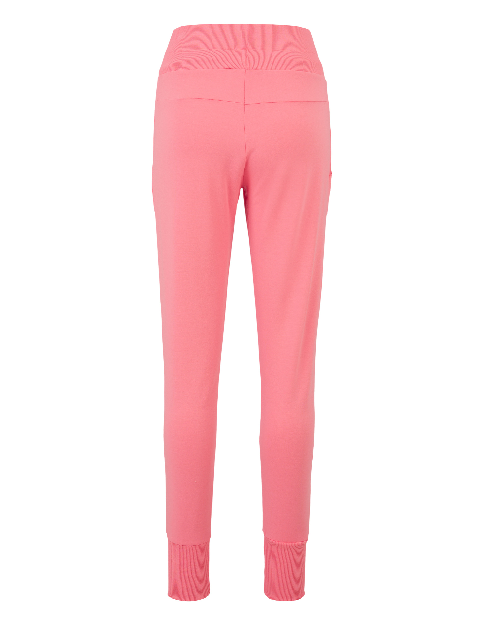 Rosa Jogginghose von hinten, hoher Bund, eng anliegende Bündchen an den Knöcheln, glatter Stoff, keine sichtbaren Taschen.