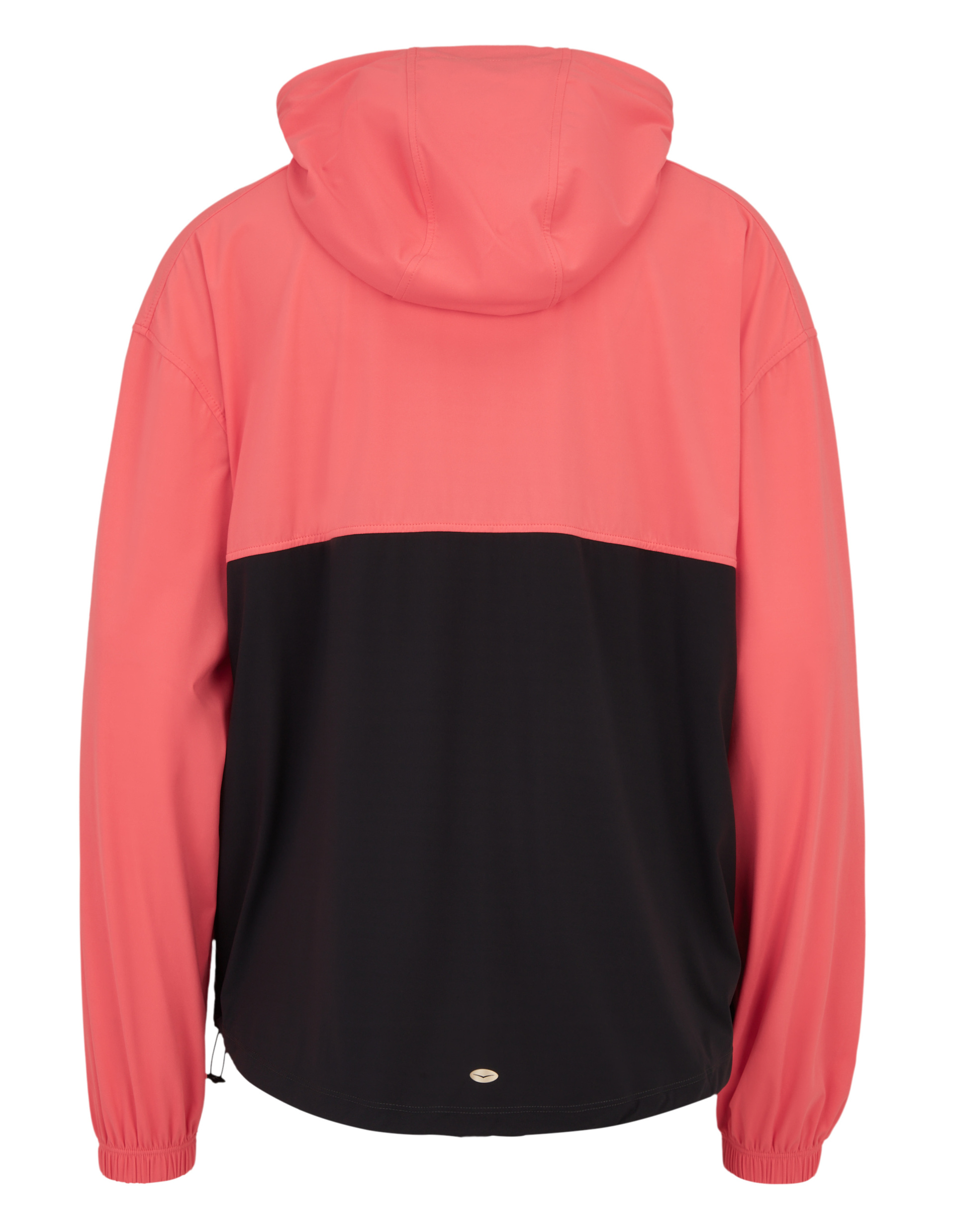 Rückansicht einer zweifarbigen Jacke mit Kapuze, oben koralle, unten schwarz, elastische Bündchen und leicht gerundeter Saum.