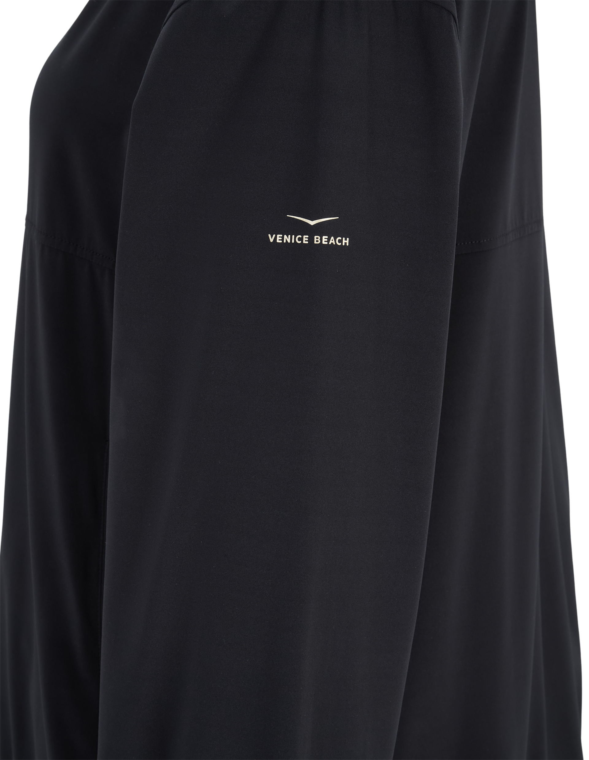Schwarzes Oberteil mit kleinem "Venice Beach"-Logo auf dem Ärmel, schlichtes Design mit glattem Stoff und leichtem Glanz.