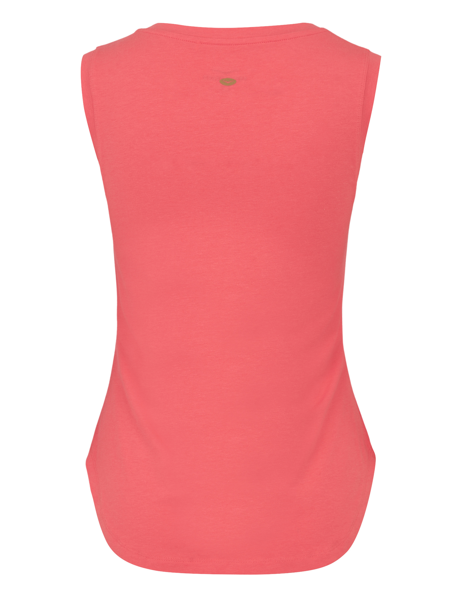Rückansicht eines ärmellosen, korallenroten Tanktops mit rundem Halsausschnitt und kleinem Logo unterhalb des Kragens.