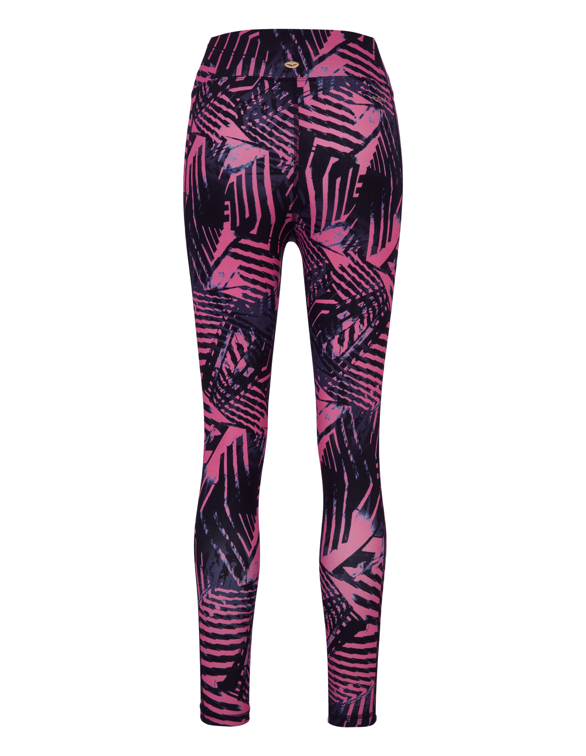 Bunte Leggings mit pink-schwarzem geometrischem Muster und hohem Bund, die von der Rückseite gezeigt werden.