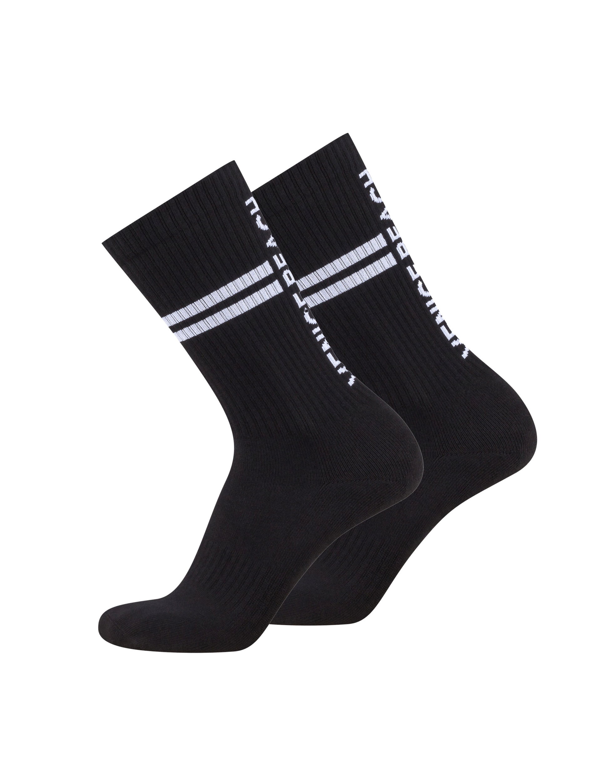 Ein Paar schwarze Socken mit weißen Streifen und einem vertikalen Schriftzug an der Seite, kontrastreich abgebildet.