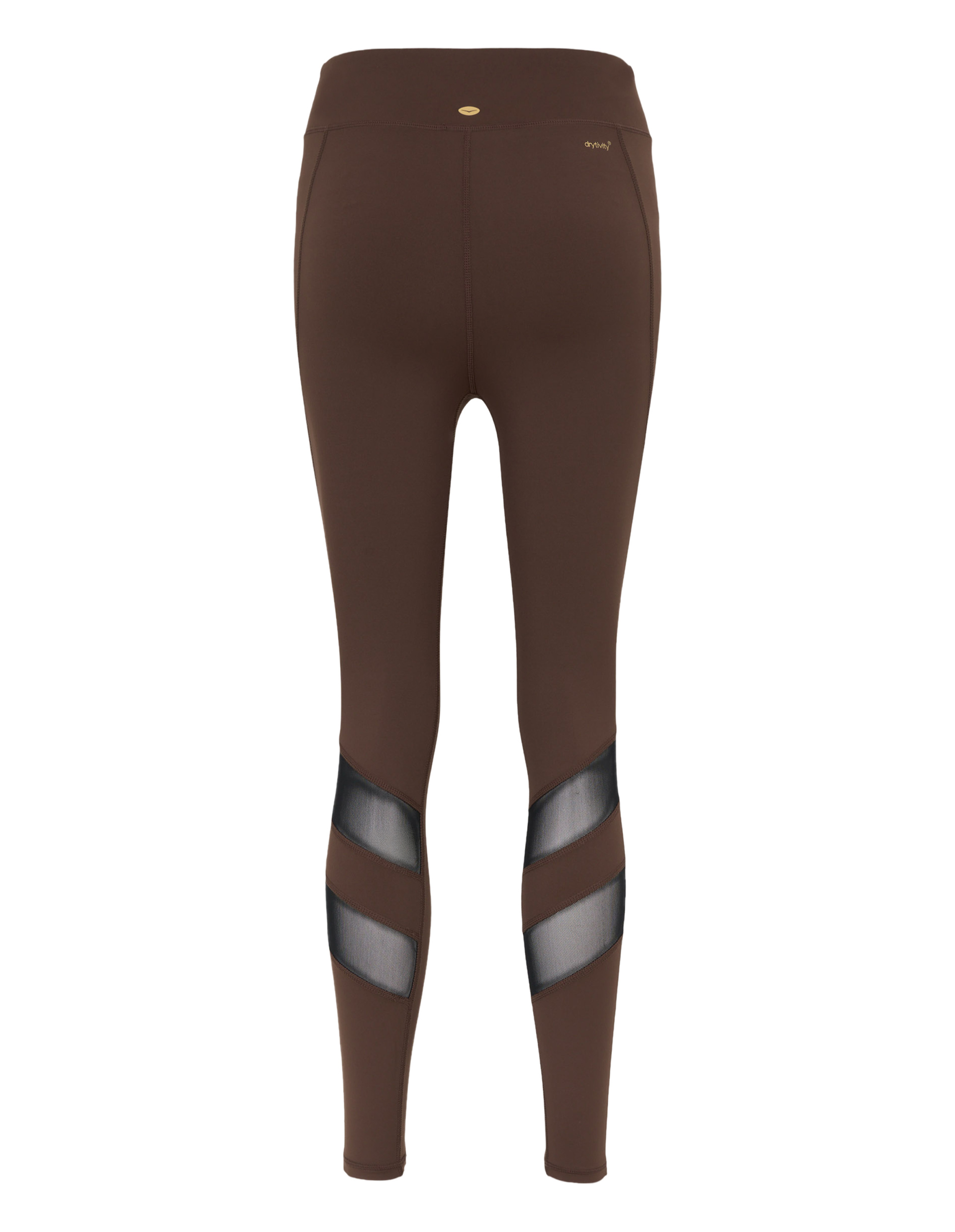 Braune Leggings mit hohem Bund und zwei transparenten Netzstreifen an den Waden, dargestellt von hinten.