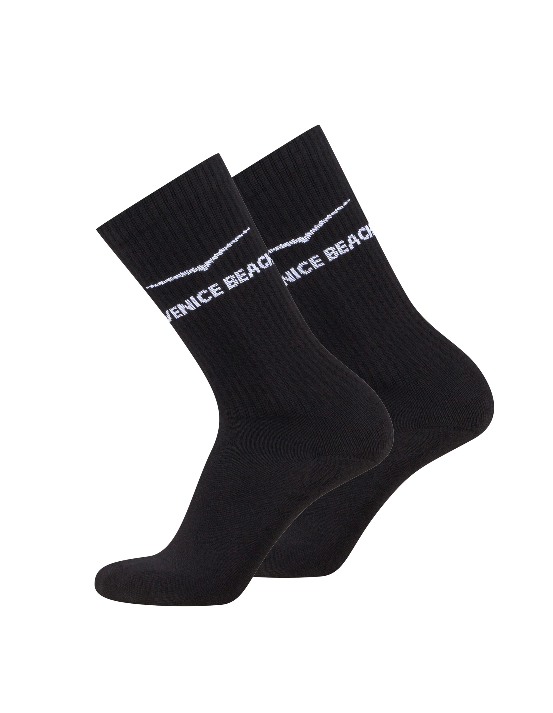Zwei schwarze, gerippte Socken mit weißem "Venice Beach"-Schriftzug, nebeneinander stehend und schräg nach rechts geneigt.