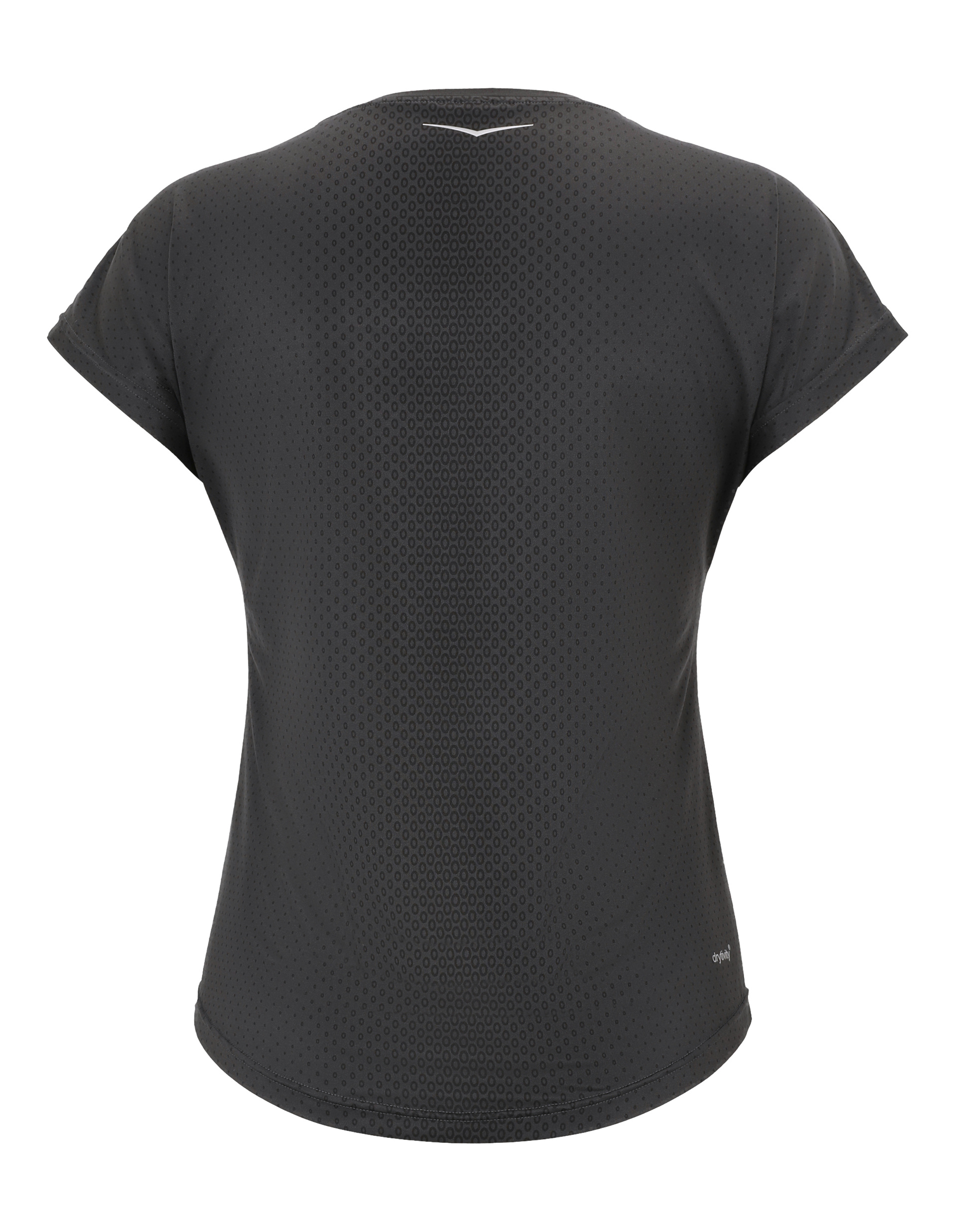 Schwarzes, kurzärmliges Sportshirt mit dezentem Punktmuster und kleinem, hellem Logo unter dem Nackenbereich auf der Rückseite.