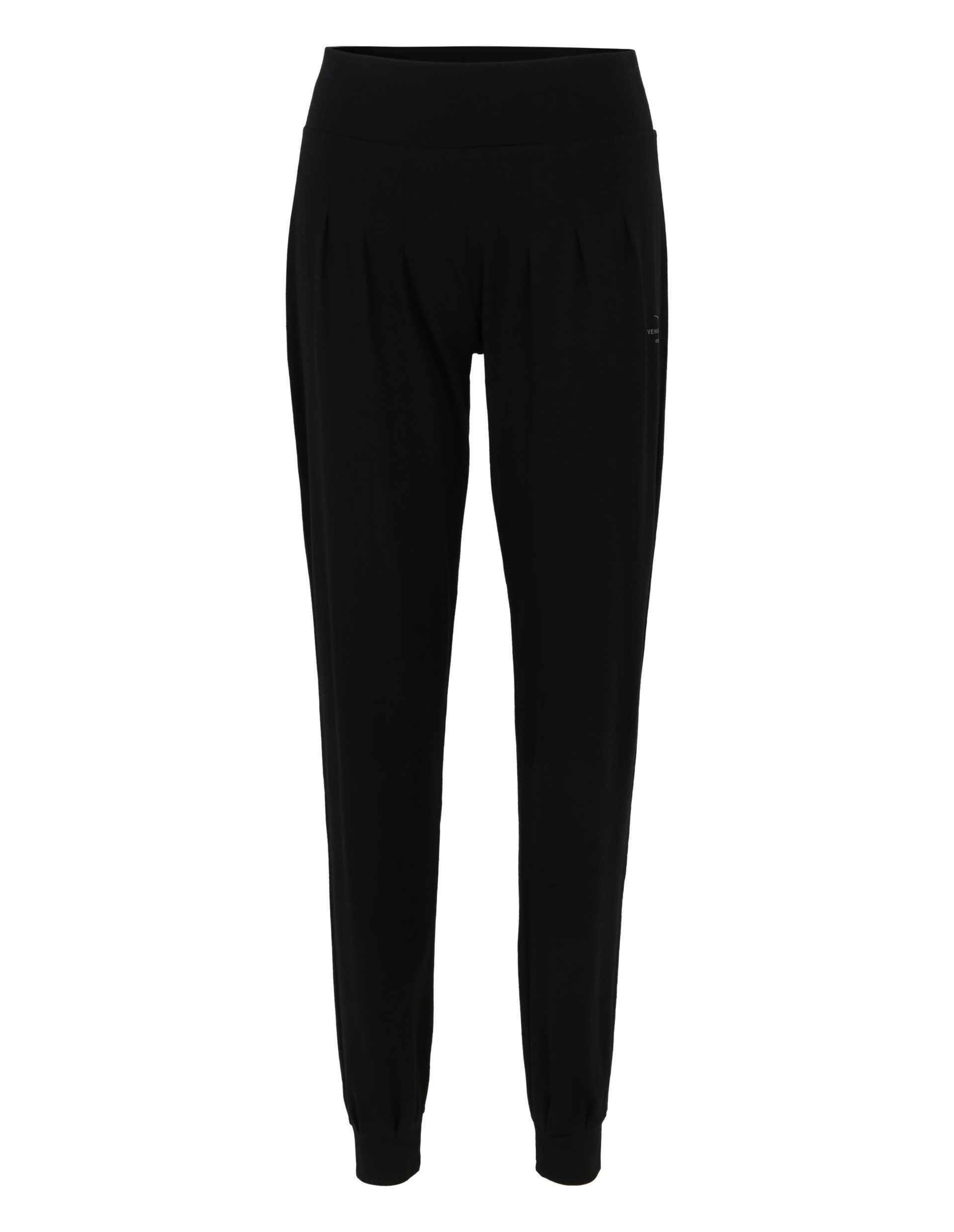 Schwarze Jogginghose mit elastischem Bund, schmal zulaufendem Bein und dezenten Falten, ideal für entspanntes Tragen.