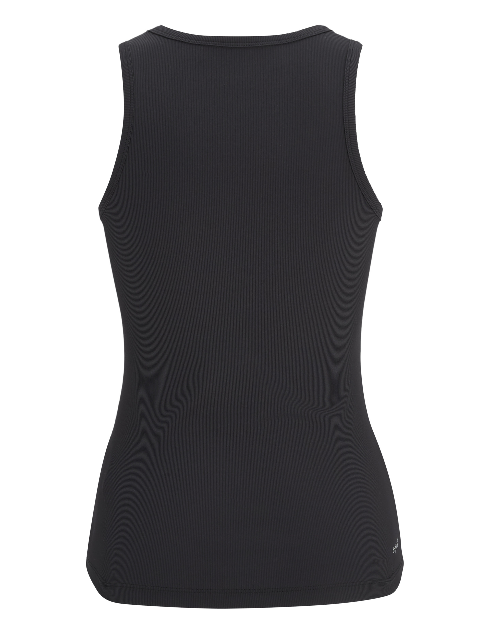 Schwarzes ärmelloses Tanktop aus glattem Stoff, mit eng anliegender Passform, Rückansicht, minimalistischem Design und flachem Halsausschnitt.