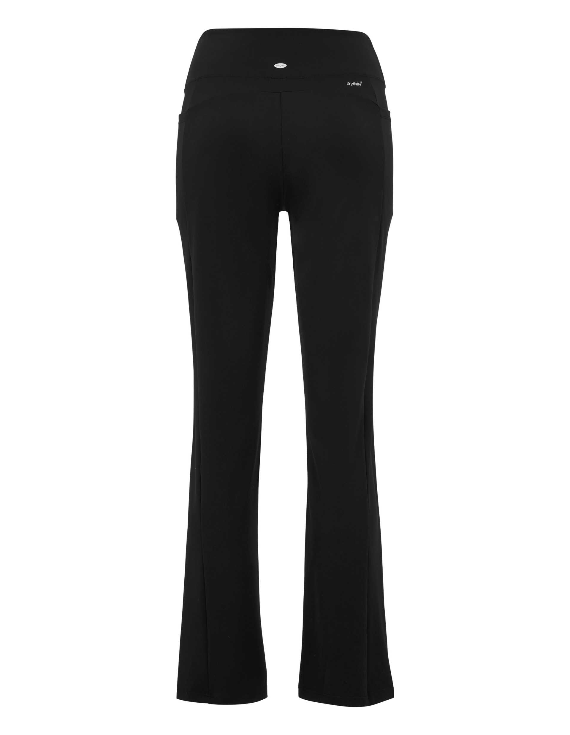 Schwarze, dehnbare Yogahose mit weitem Bein, hoher Taille und minimalen Nähten, Rückansicht zeigt schlichte Eleganz und Komfort.