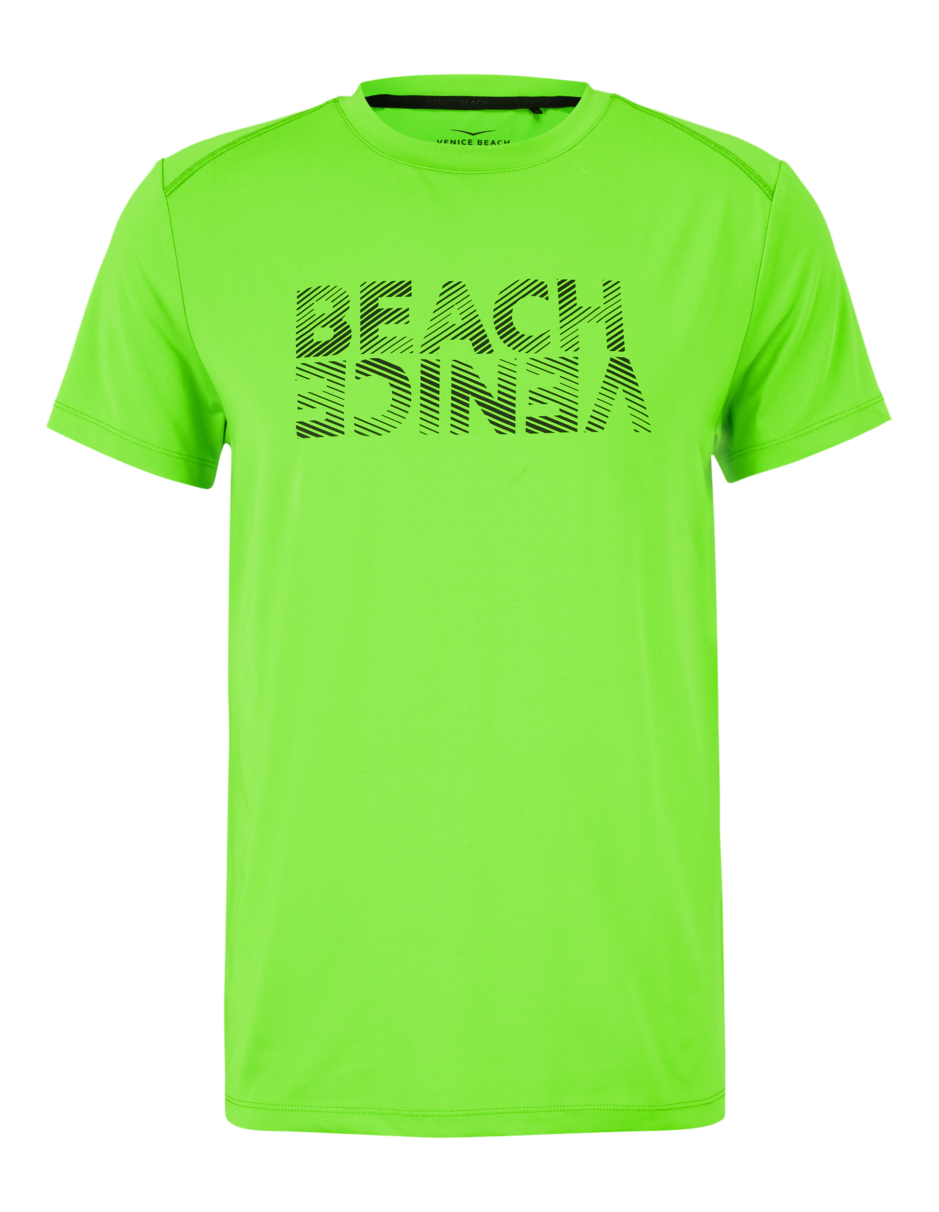 Grünes T-Shirt mit kurzem Ärmel und schwarzem Schriftzug "Venice Beach" auf der Vorderseite in modernem, schrägem Design.