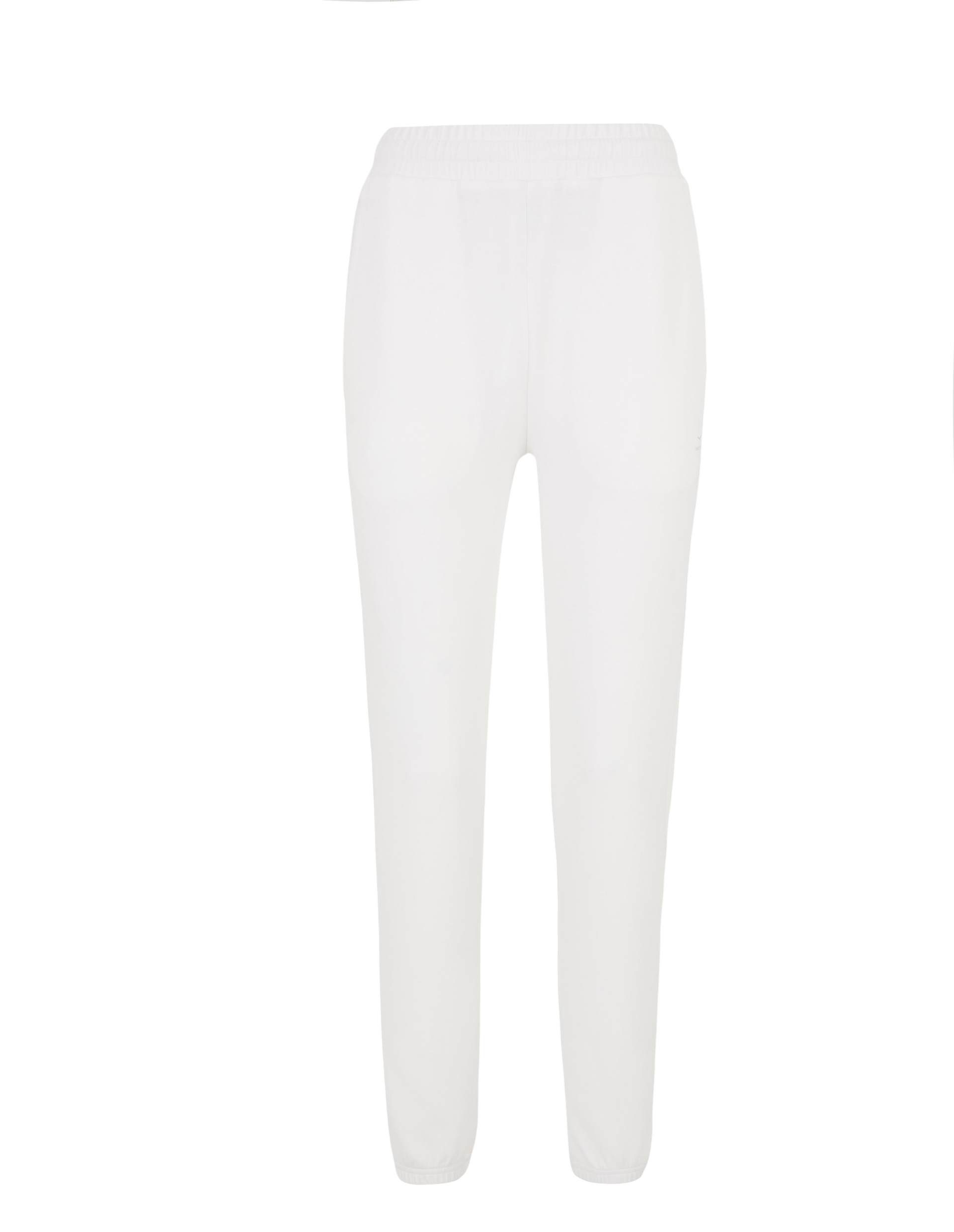 Weiße, gerade geschnittene Jogginghose mit elastischem Bund und schmalen Beinabschlüssen, auf weißem Hintergrund dargestellt.