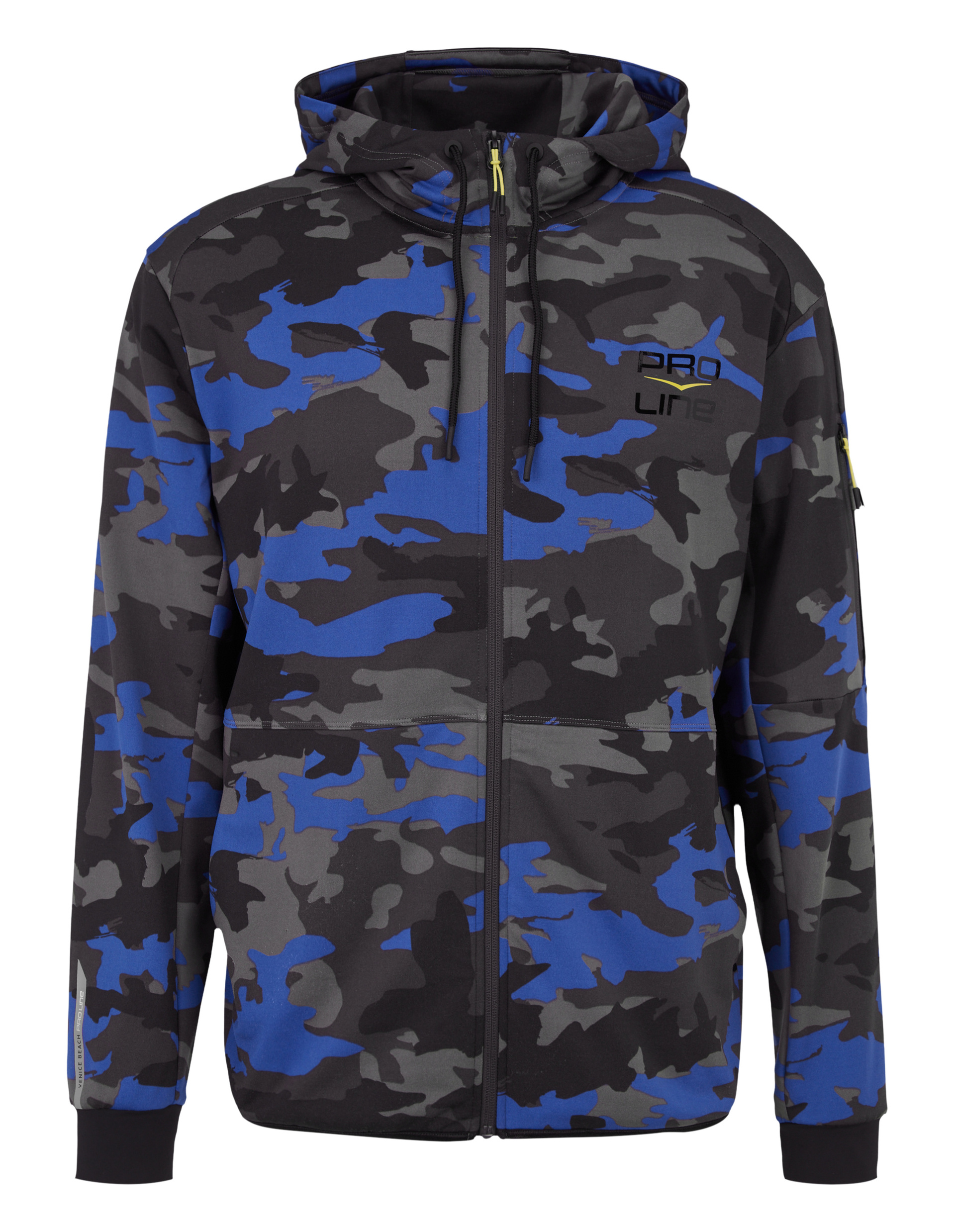 Eine Kapuzenjacke mit blauem Camouflage-Muster, durchgehendem Reißverschluss und gelben Akzenten.