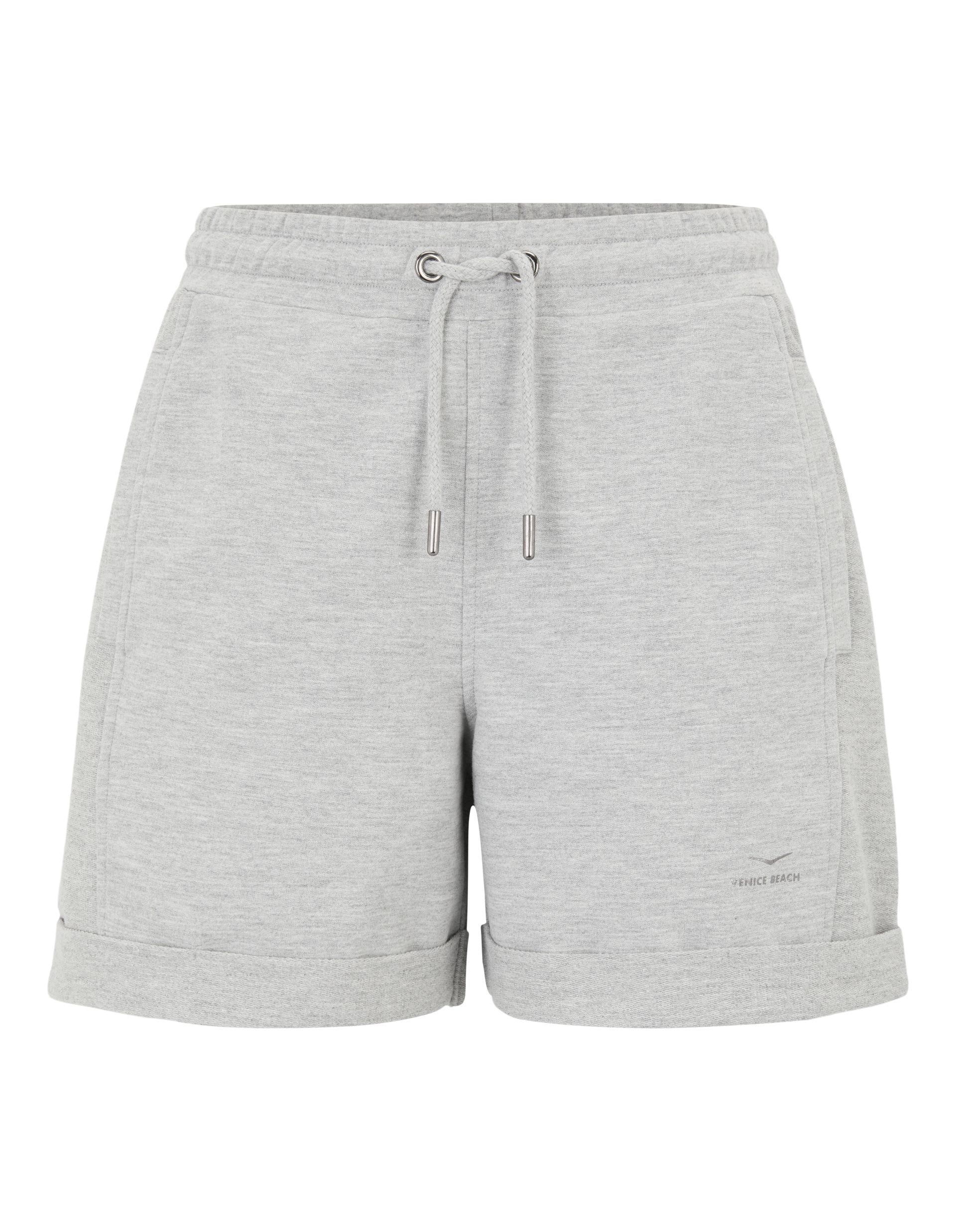 Graue Shorts mit Kordelzug und aufgerollten Säumen.