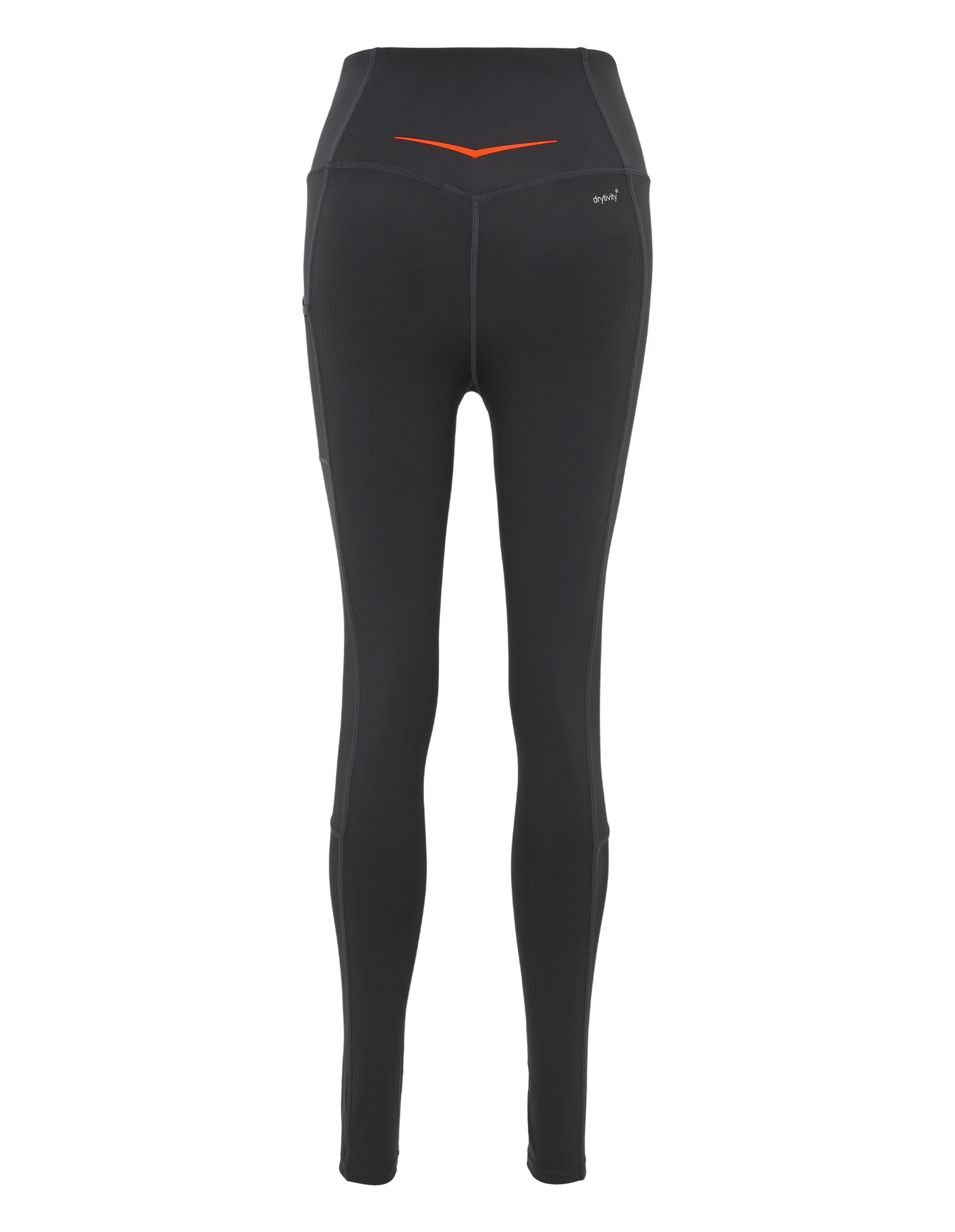 Schwarze Sportleggings mit hohem Bund und orangenem V-Muster auf der Rückseite, nahtloses Design für komfortable Bewegungsfreiheit.