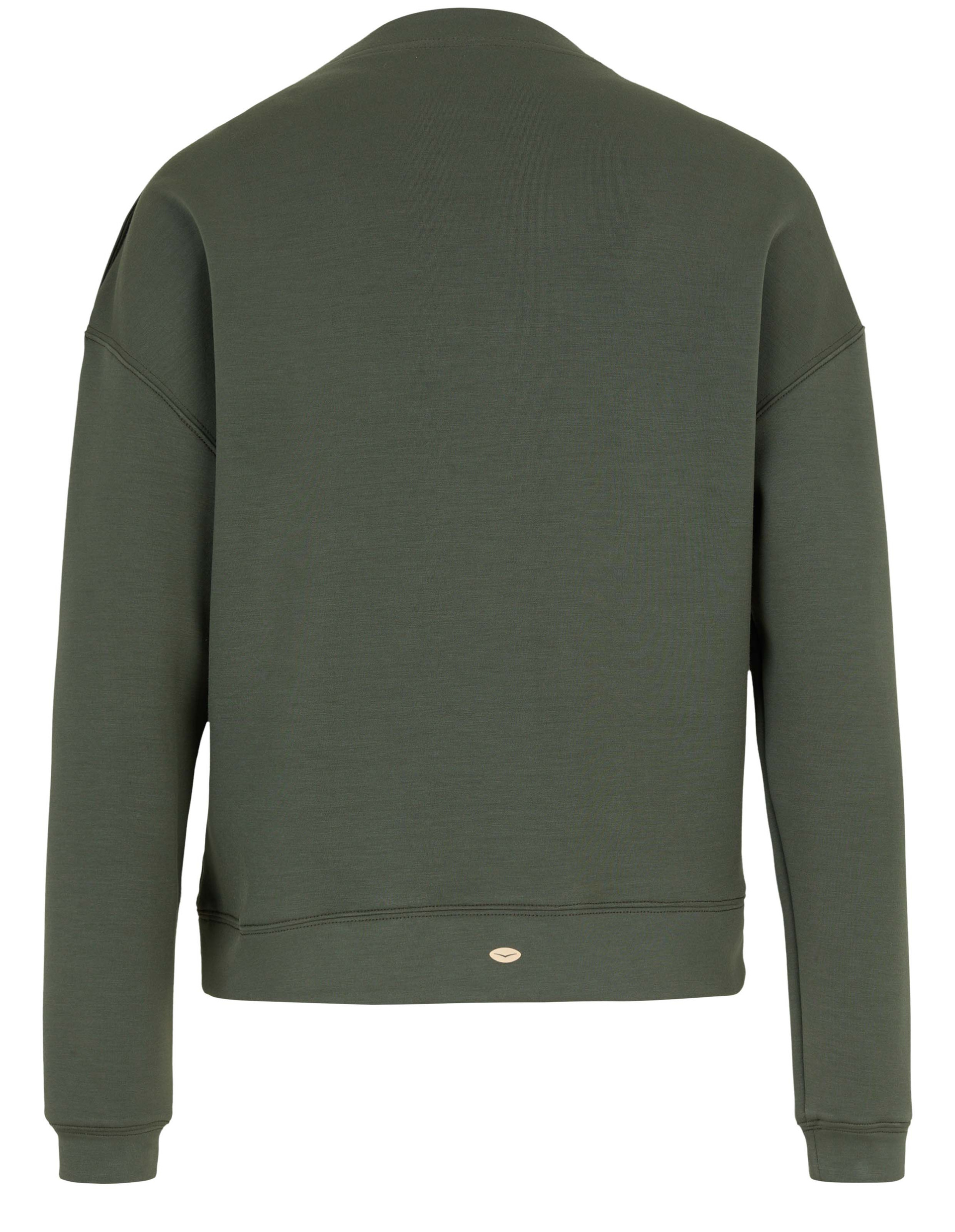 Dunkelgrüner Pullover von hinten mit langen Ärmeln, einfachem Schnitt, runder Kragen und kleinem Logo am unteren Saum.