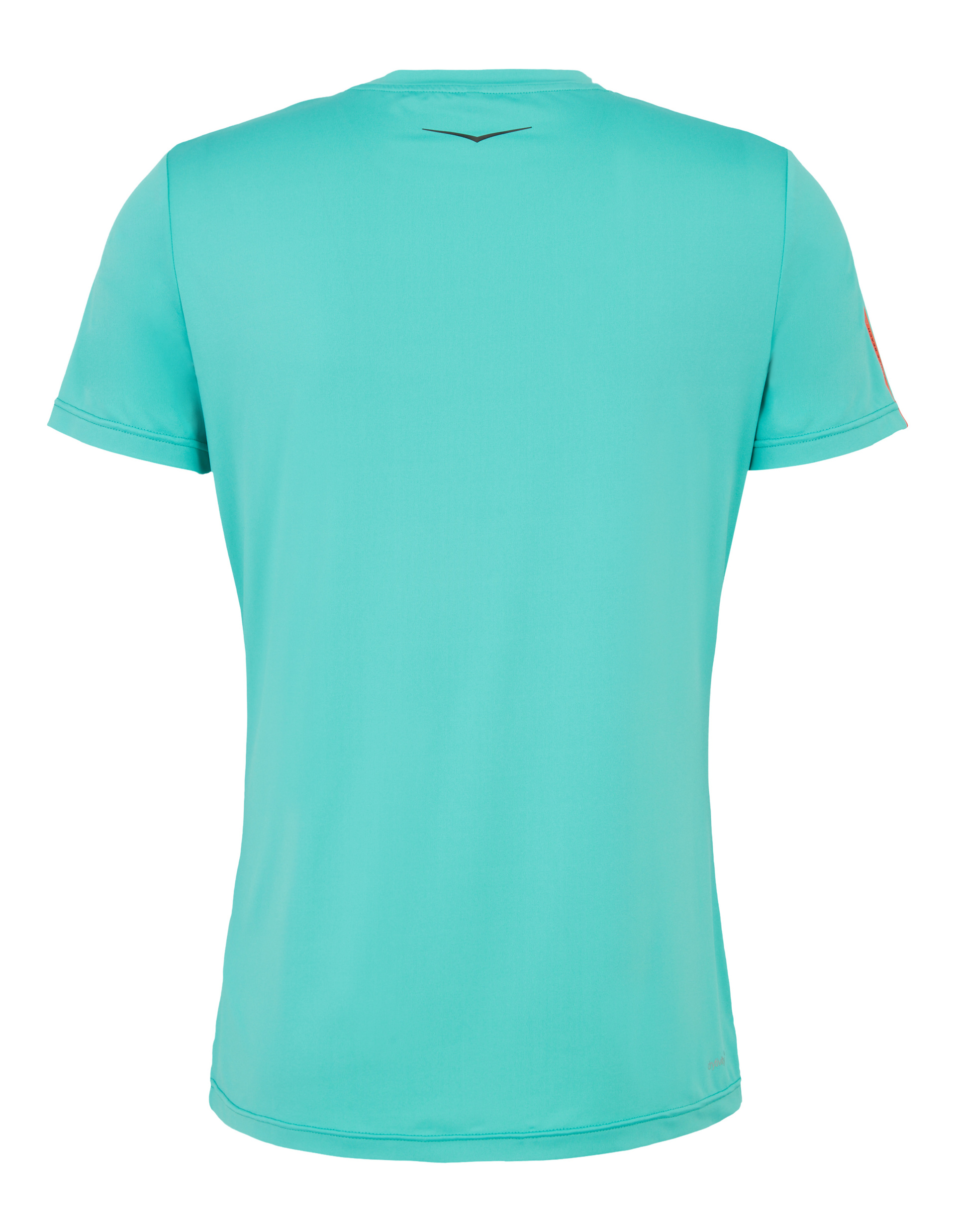 Türkises T-Shirt von hinten mit kleinem schwarzen Logo am Nacken, kurzen Ärmeln und schlichtem Design.
