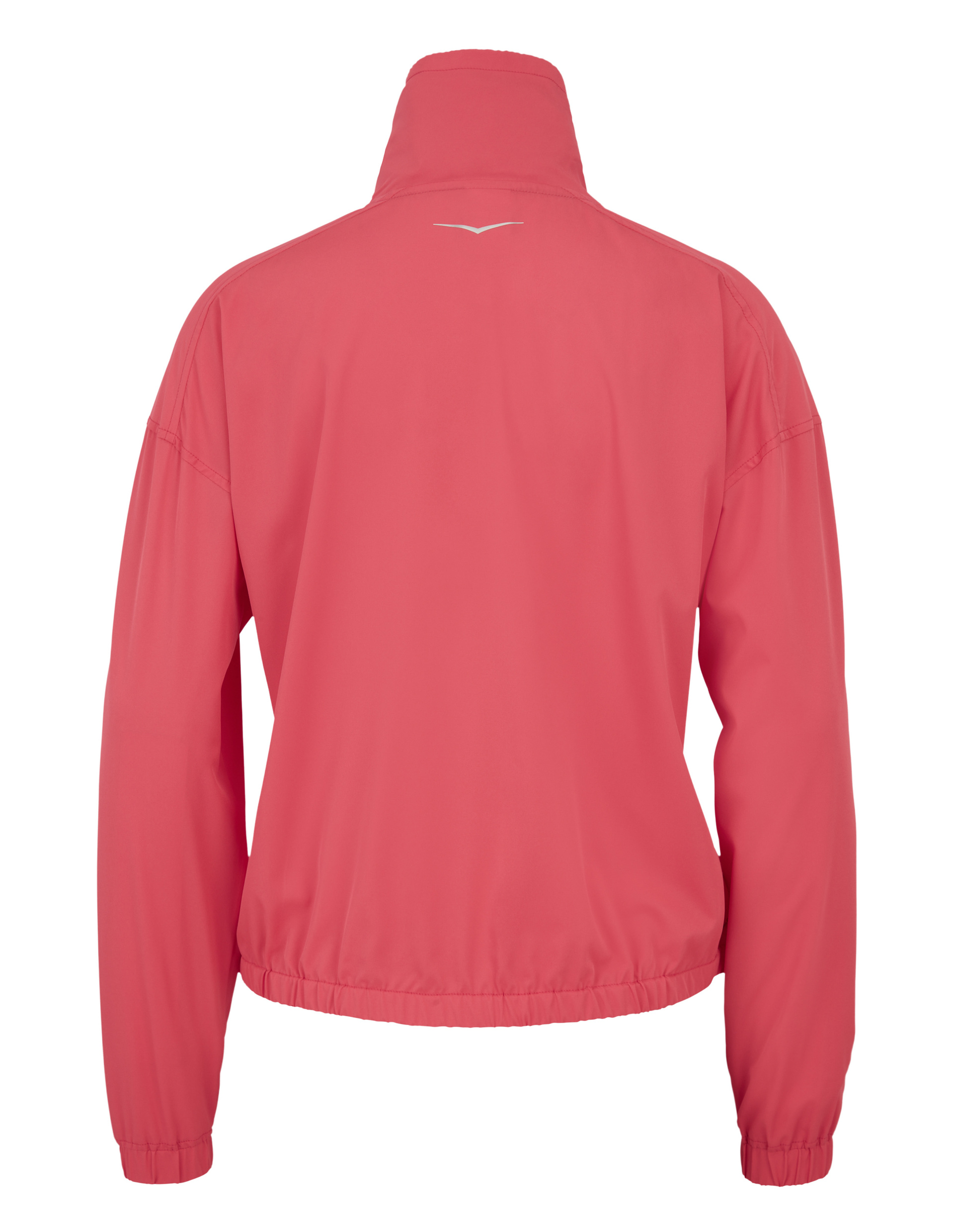 Eine pinkfarbene Jacke mit Stehkragen und Reißverschluss, ausgestattet mit seitlichen Taschen und dezenten Details an Zippern.
